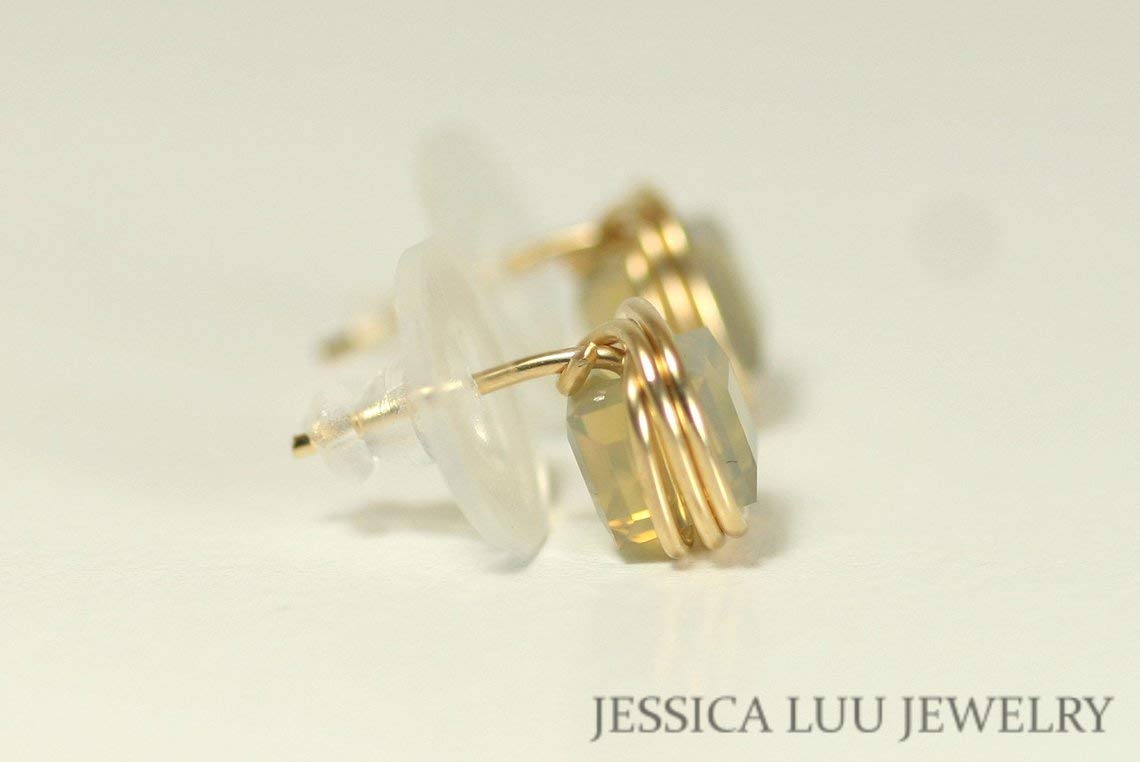 Handmade Gold Tan Stud Earrings with Sand Opal Crystals - Wire Wrapped Boho Jewelry for Women - Perfect for Daily Wear, Parties & Gifts