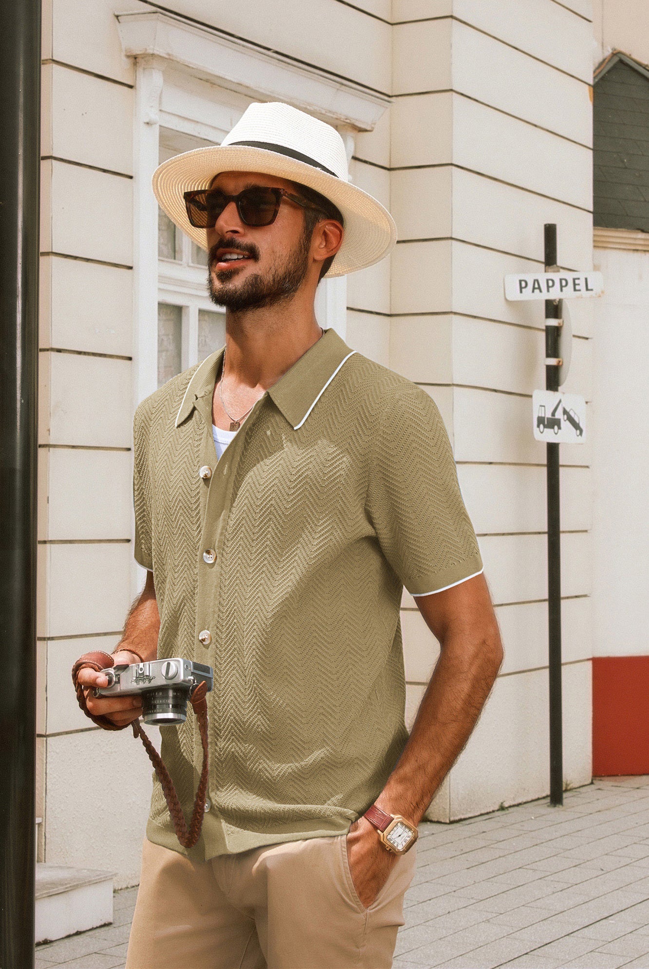 Men's Textured Short Sleeve Cardigan with Lapel Collar - Button Up Knit Sweater for Casual Wear & Spring Layering