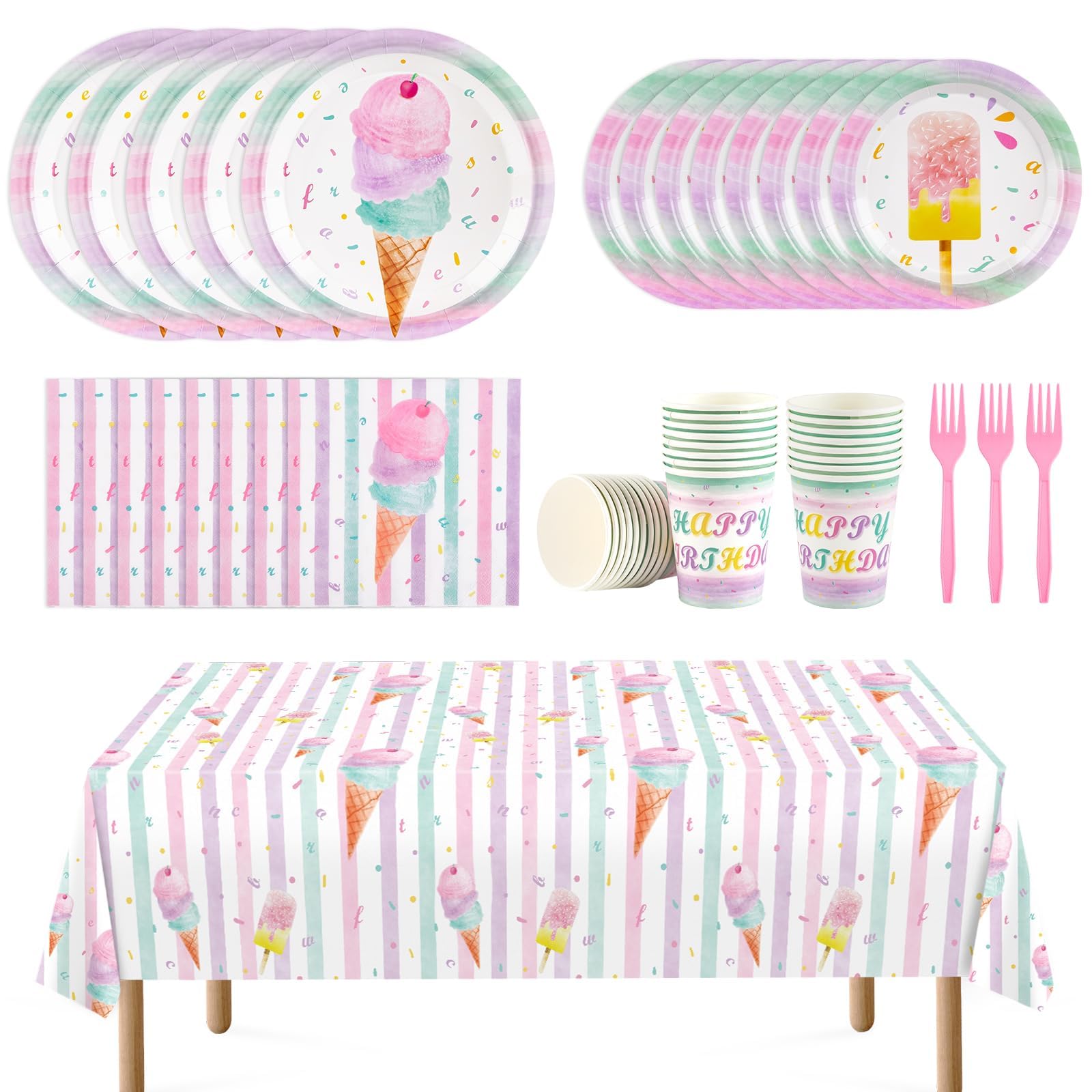 130PCS Ice Cream Party Supplies Set - Disposable Tableware for Kids Birthday, Baby Shower & Summer Parties (Includes Tablecloth, Plates, Cups, Napkins, Cutlery & Bags) - Serves 16 Guests - Perfect for Outdoor Picnics & Birthday Celebrations