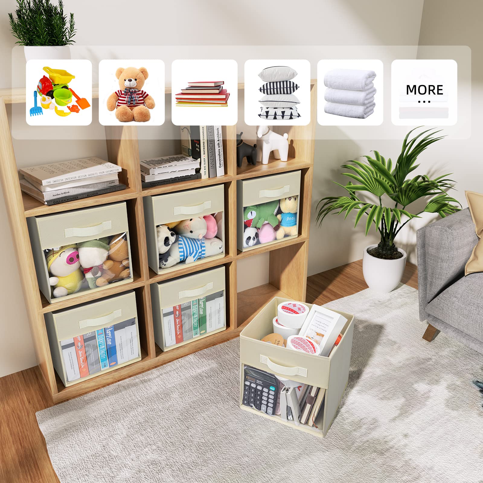DIMJ 6-Pack Collapsible Fabric Storage Bins with Handles - Foldable Cube Organizer for Closet, Shelves & Home Organization (Beige) | Perfect for Toys, Blankets & Seasonal Storage