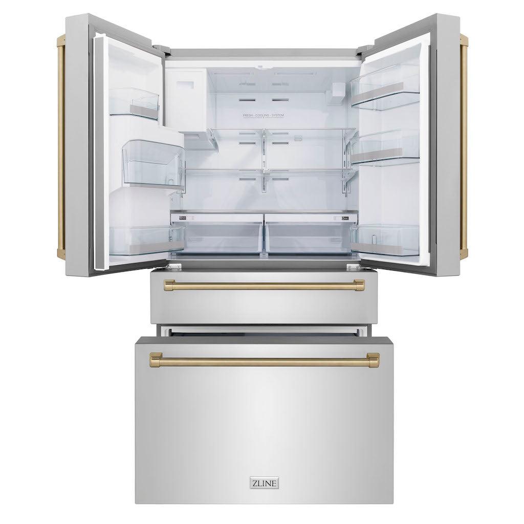 ZLINE Autograph Edition 36-Inch Counter Depth French Door Refrigerator - 21.6 cu.ft Capacity, Fingerprint Resistant Stainless Steel with Champagne Bronze Handles, Built-In Water and Ice Dispenser (RFMZ W 36 CB) - Perfect for Modern Kitchens, Open-Concept Homes, and Gourmet Cooking Spaces