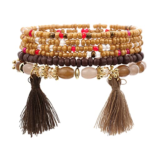 Bohemian Stackable Stretchy Bracelets for Women - Multilayer Colorful Beaded Bracelets with Leaf Pendant (Set of 3) | Perfect for Festival, Beach, Yoga & Everyday Boho Style Accessories