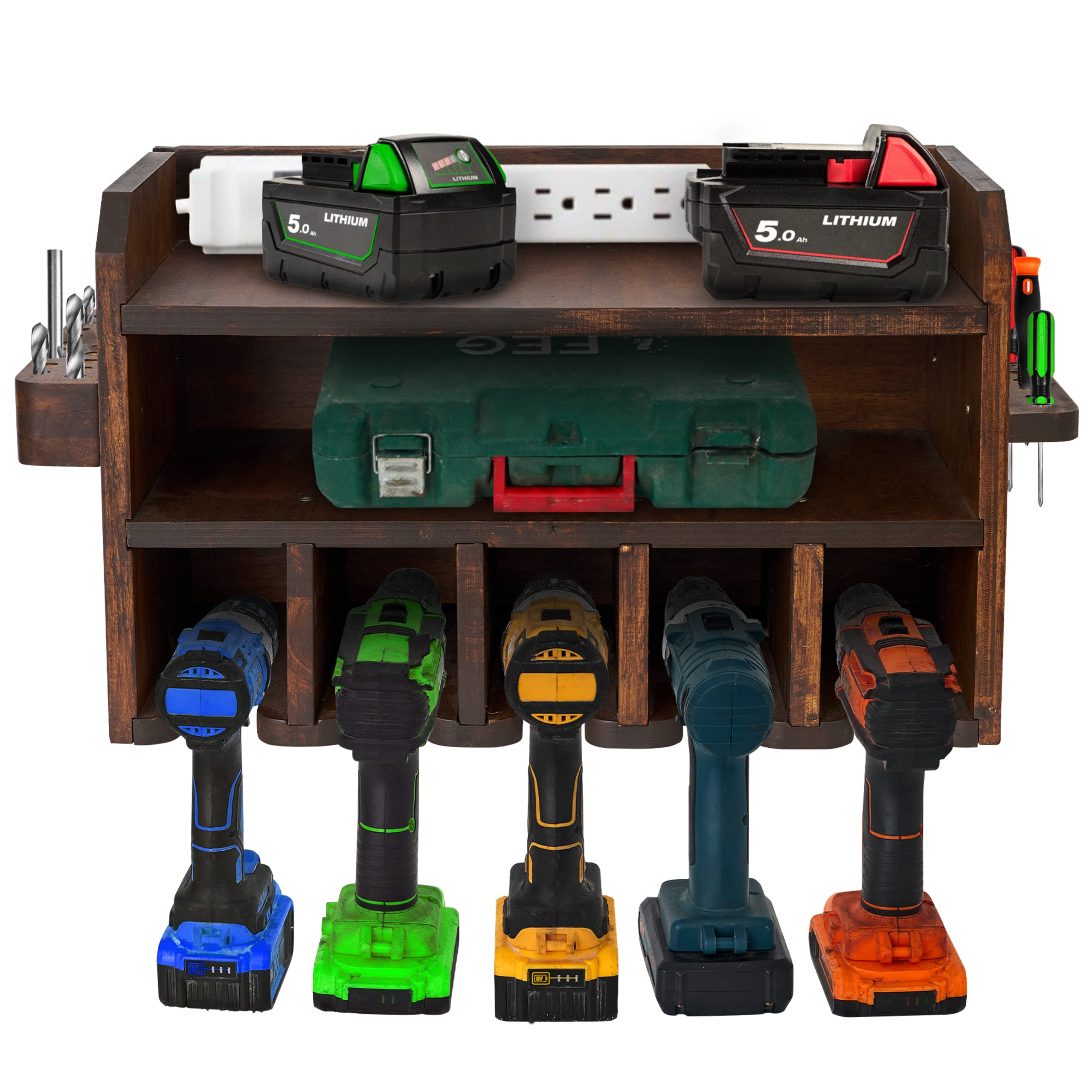 Wall Mounted Drill Storage Rack & Charging Station - Natural Walnut Wood Power Tool Organizer with Screwdriver Holder & Drill Bit Storage - Perfect for Garage, Workshop & DIY Projects