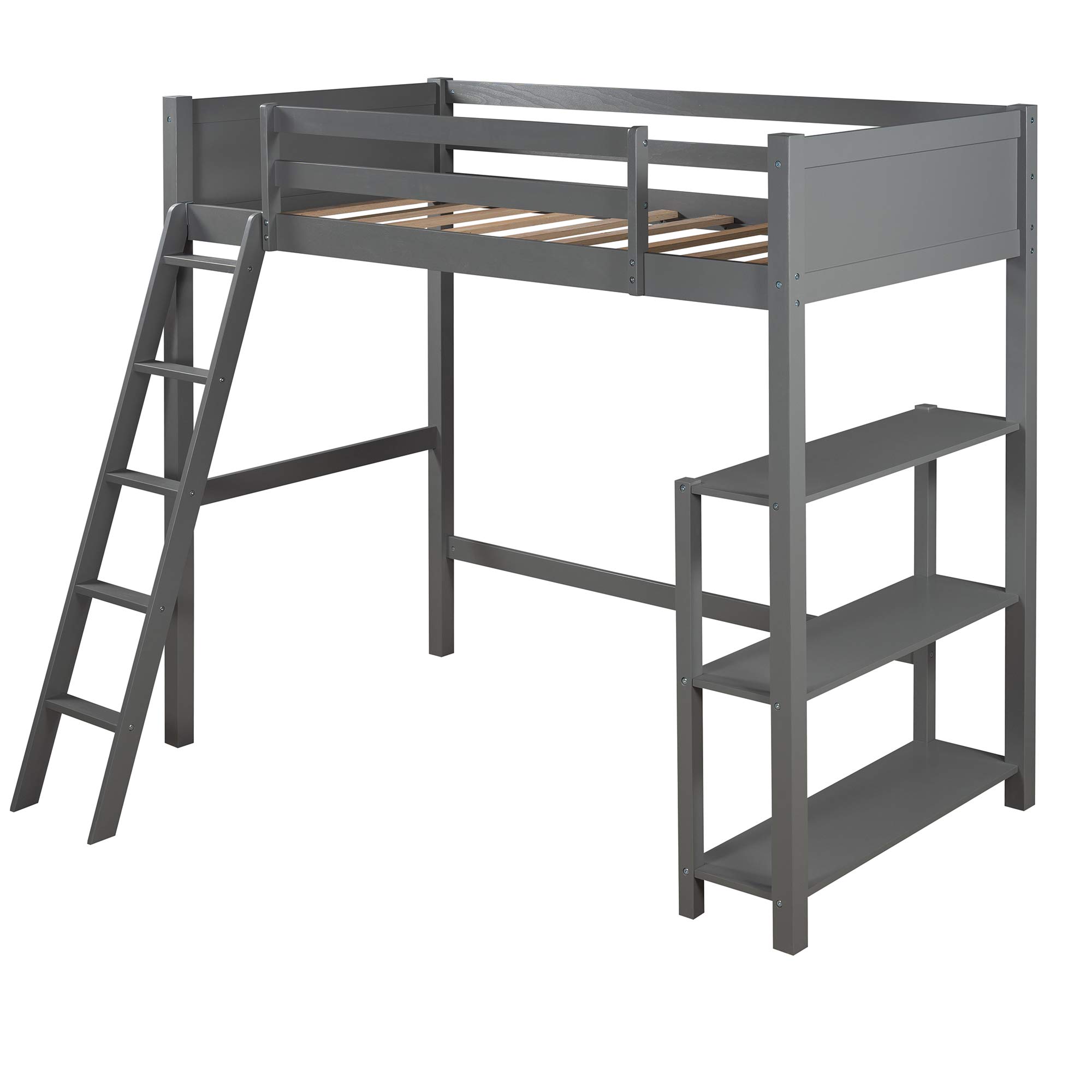 Kids Wooden Twin Loft Bed Frame with Storage Shelves & Angled Ladder - No Box Spring Needed, Space-Saving Gray Loft Bed for Small Rooms, Dorm, or Apartment - Perfect for Sleep, Study & Play