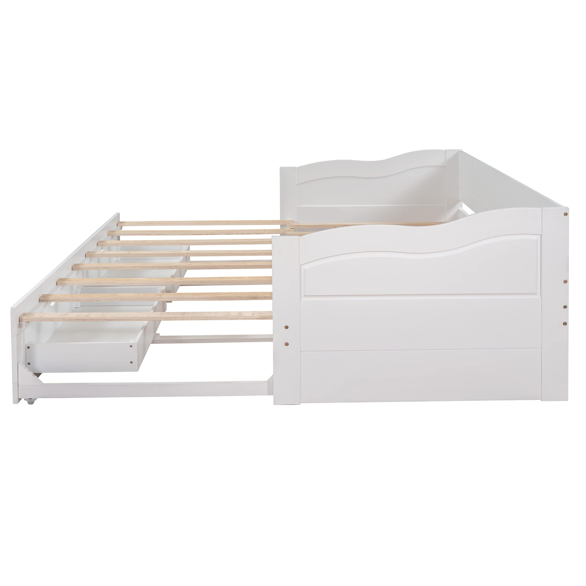 Extendable Twin Daybed with Trundle and Storage Drawers - White Wooden Sofa Bed Frame (No Box Spring Needed) - Perfect for Guest Rooms, Small Spaces & Dorm Rooms