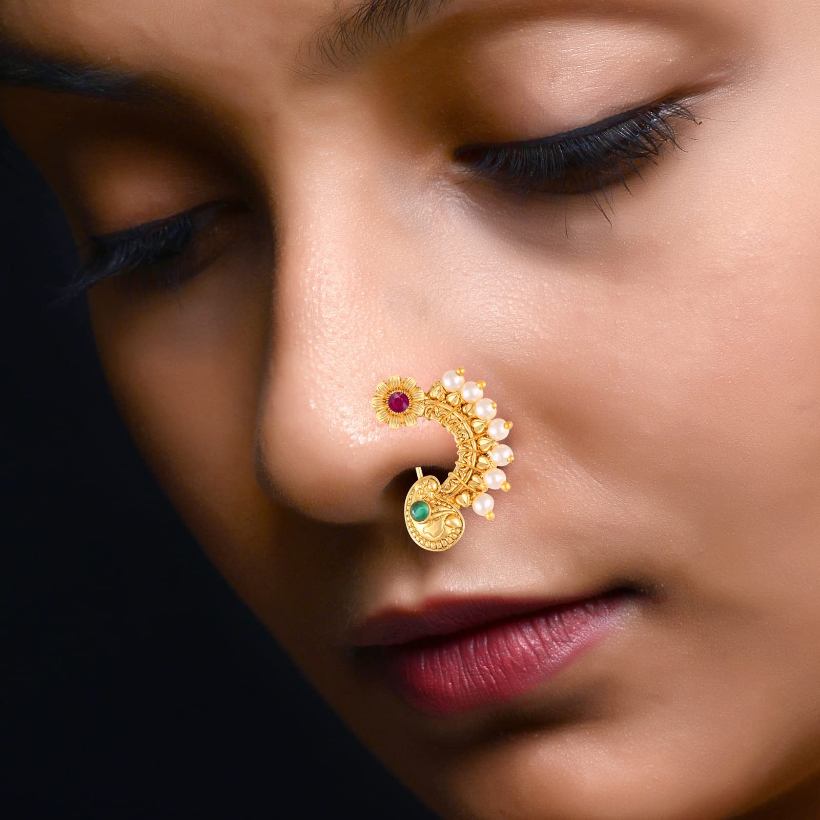 Vighnaharta Gold Plated Pearl Alloy Nose Ring with Artificial Multi-Stones - Non-Piercing Maharashtrian Nathiya Nose Pin - Valentine's Day Gift for Women & Men (VFJ1135NTH-Press-Multi) - Perfect for Weddings, Festivals & Ethnic Fashion
