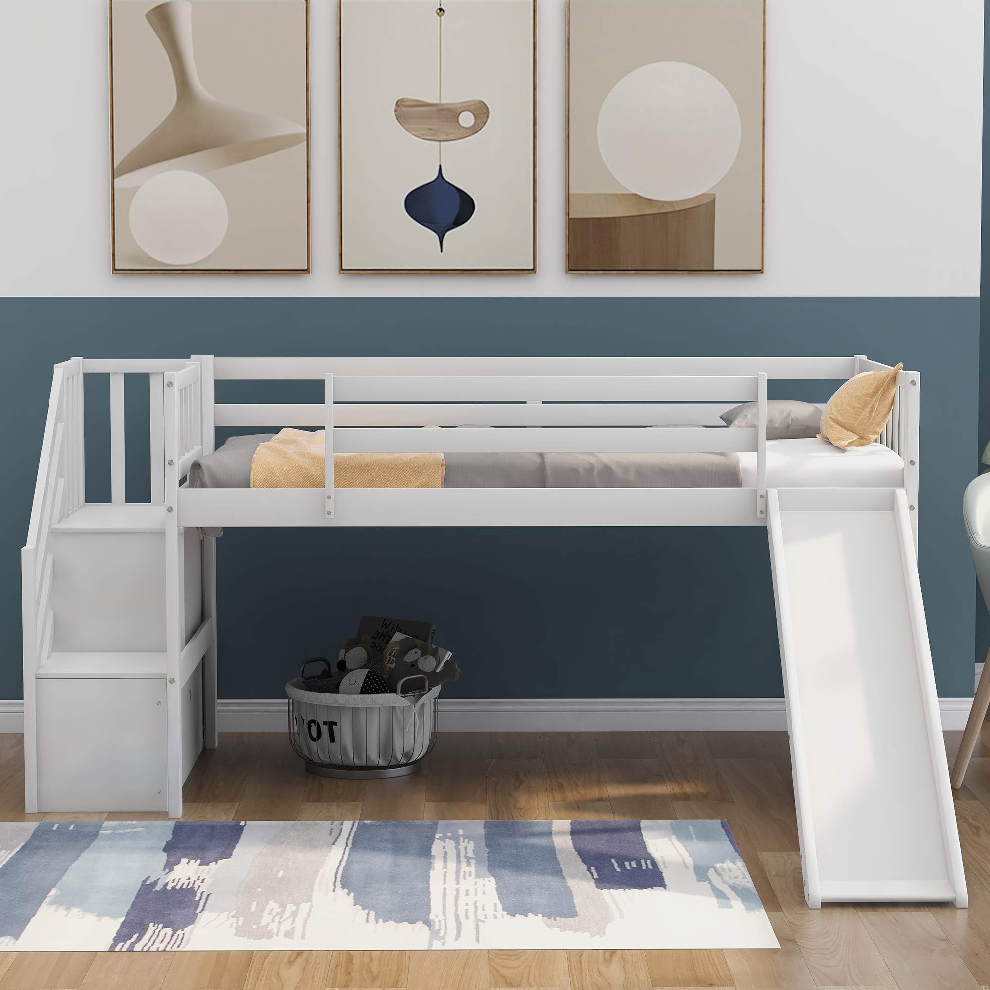**Twin Size Low Loft Bed with Adjustable Slide & 2-Step Staircase - Wooden Kids Loft Bed for Girls & Boys, No Box Spring Needed (White + Pine) - Perfect for Small Bedrooms, Playrooms & Dorm Rooms**