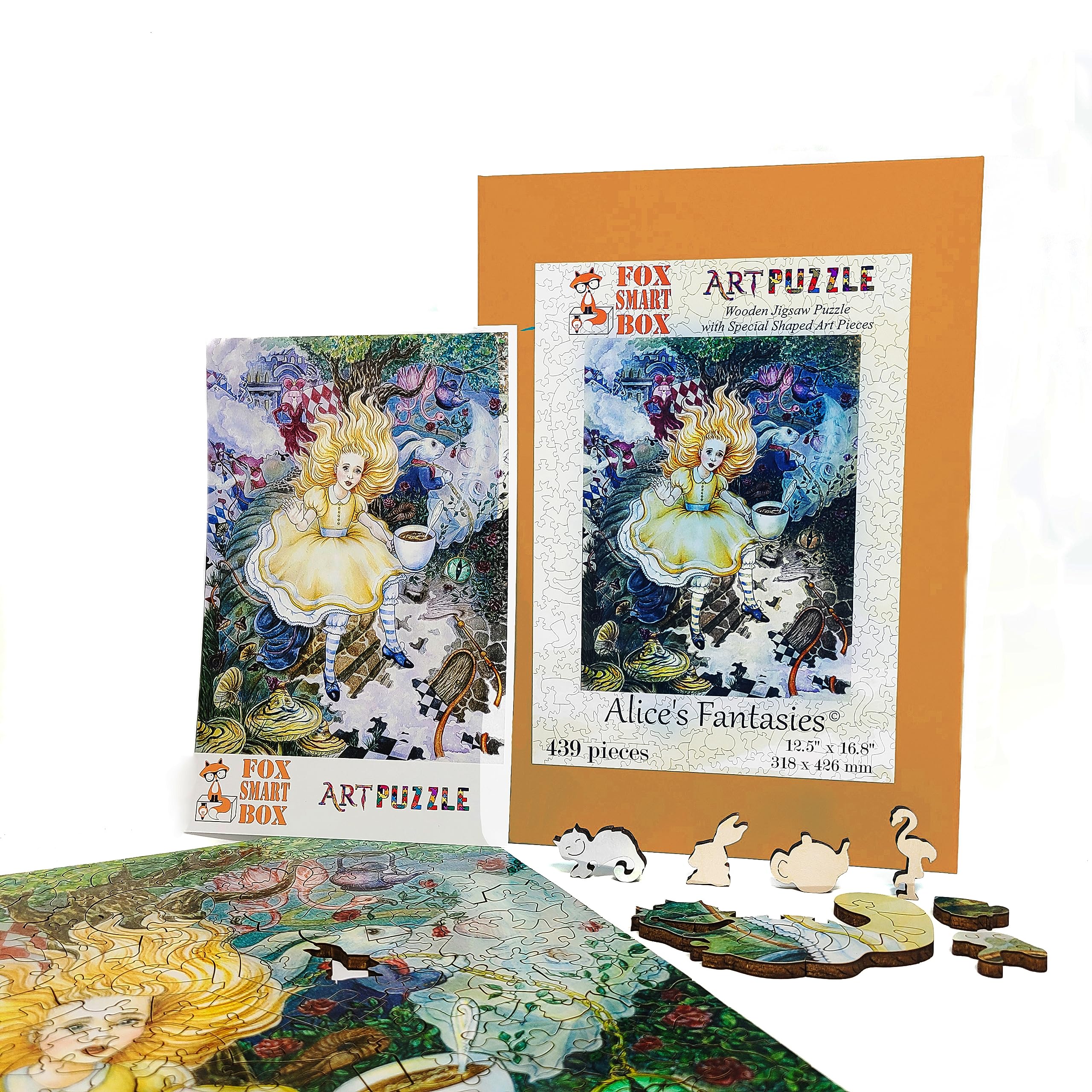 Premium Wooden Jigsaw Puzzle for Adults - 439 Unique Shaped Pieces - Alice in Wonderland Theme - Handcrafted in USA by FoxSmartBox - Perfect for Stress Relief, Family Game Night & Home Decor