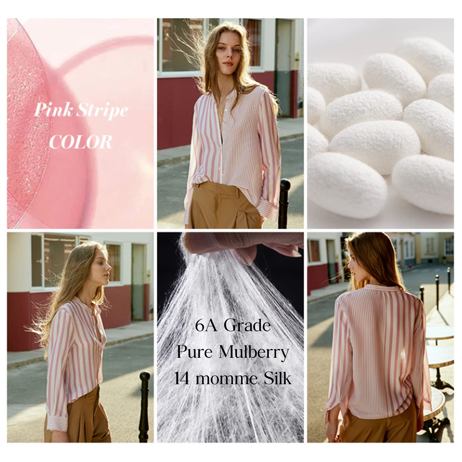 COLD POSH Women's 100% Pure Silk Blouse - Long Sleeve Button Down Shirt for Spring & Summer | Elegant Soft Classic Fit Fashion Top for Work & Casual Wear | White & Pink Striped | Perfect for Office, Date Night & Special Occasions
