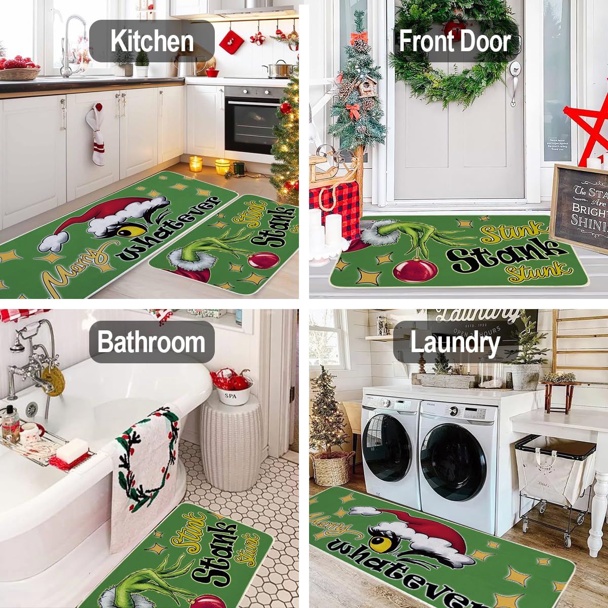Christmas Kitchen Floor Rugs Set of 2 - Non-Slip Soft Washable Holiday Mats for Kitchen, Sink, Bathroom & Laundry Room - Festive Green Indoor Decor for Holiday Cooking & Home Decorating