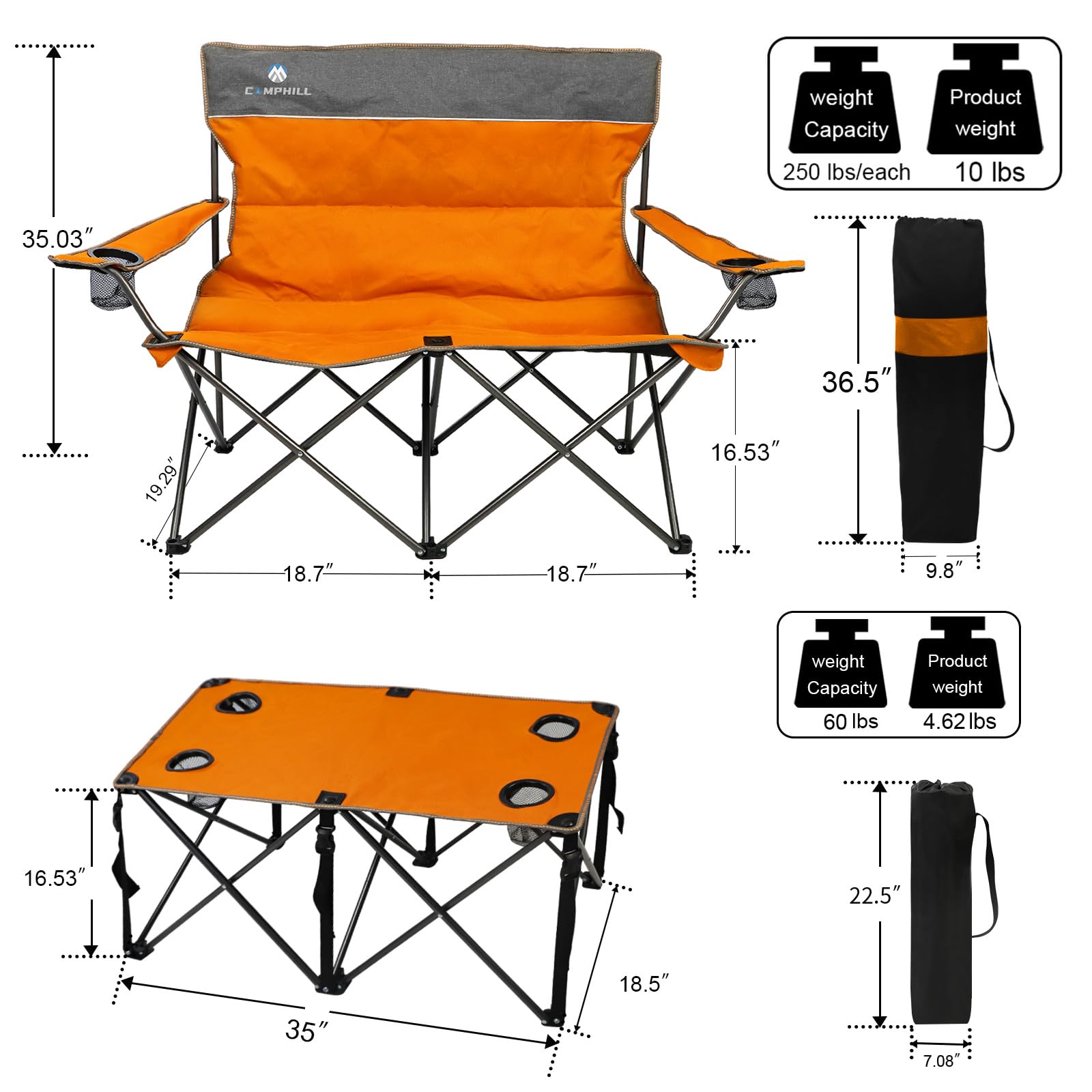 Camping Chair Set of 4 - Heavy Duty Folding Outdoor Chairs with Table & Cup Holders | Portable Lawn Chairs for Camping, Backyard, Beach & Picnic | Includes 1 Sofa Chair + 2 Single Chairs + Camping Table