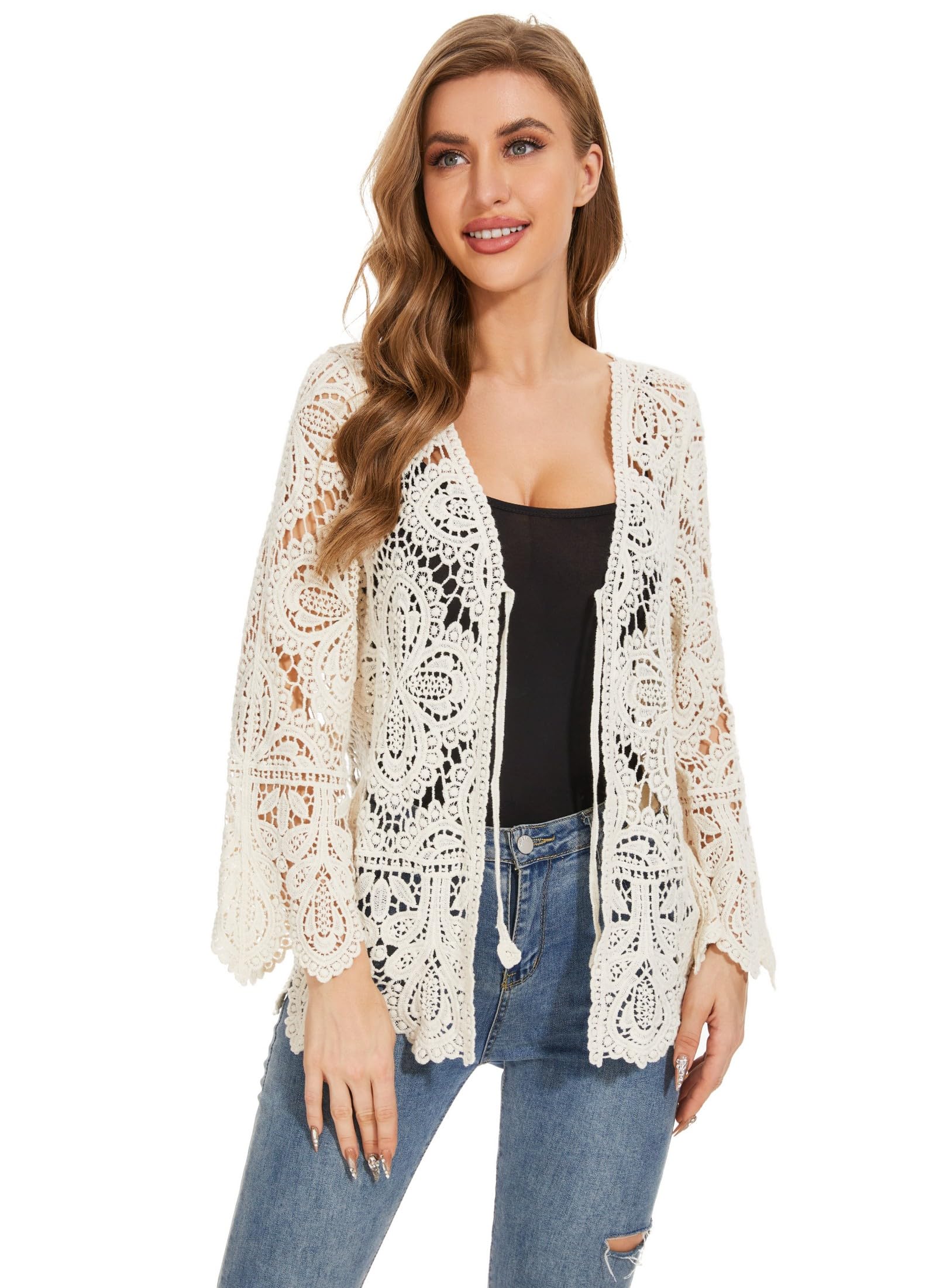Women's Cotton Casual Floral Lace Crochet Long Sleeve Cardigan Boho Cover Up - Lightweight Summer Beachwear for Women, Perfect for Vacation, Date Night and Layering