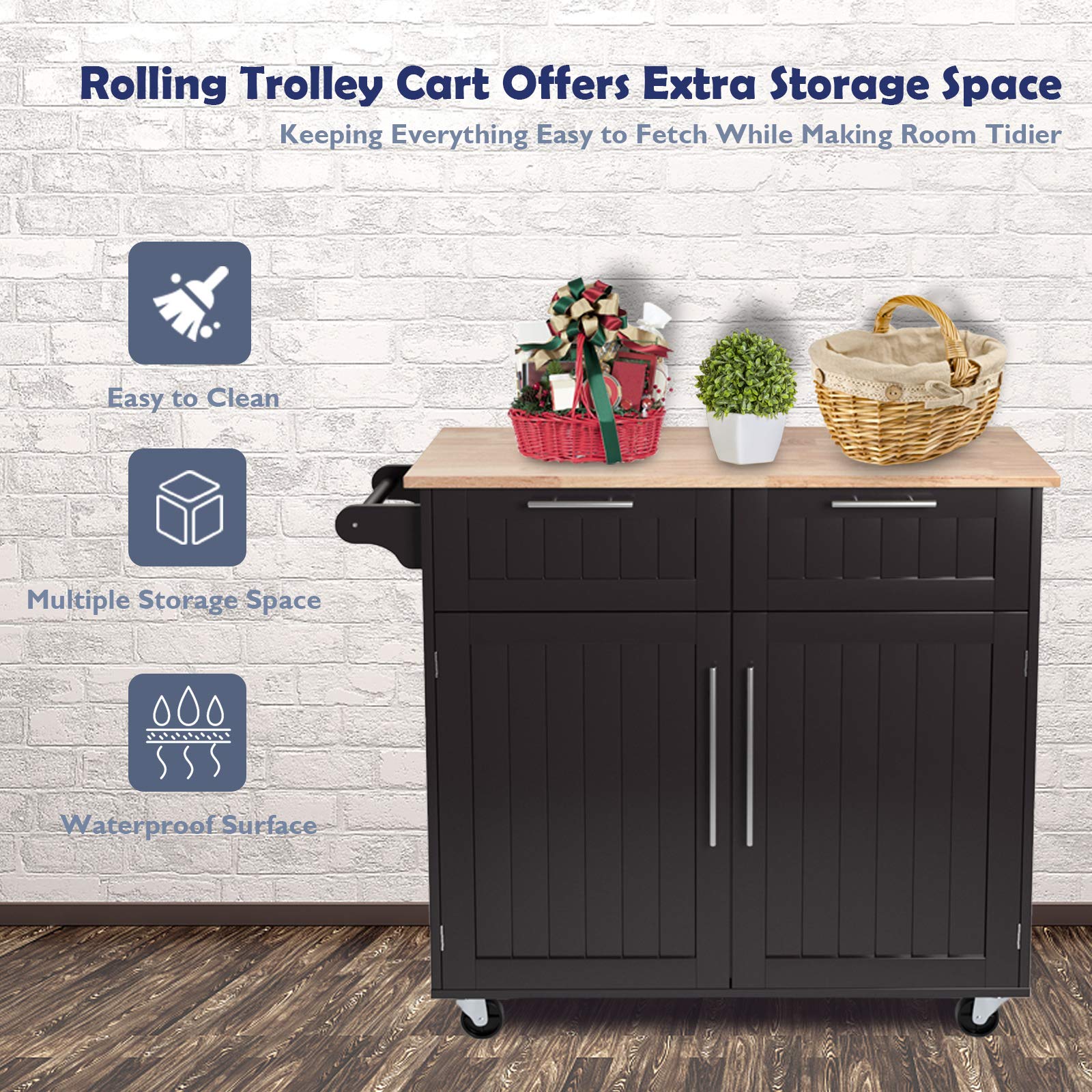 GLACER Mobile Kitchen Island Cart with Rubber Wood Top, Side Handle, Large Drawers & 2-Door Cabinet - 37 x 18 x 37 Inches, Brown | Rolling Kitchen Organizer for Small Spaces, Dining Room & Apartment Cooking