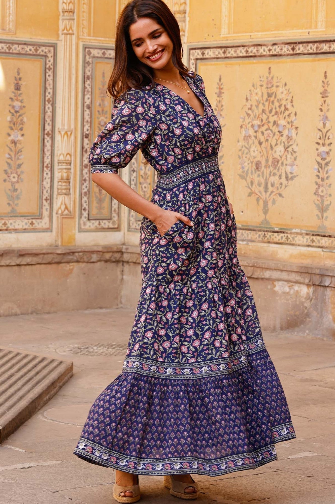 Billie Short Sleeve Organic Cotton Dress - Women's Floral Print Casual Sundress | Primrose Stamp Navy/Pink | Perfect for Summer Outings, Beach Vacations & Brunch Dates