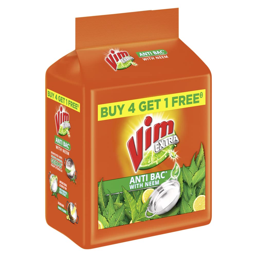 Vim Extra Anti Bacterial Dishwashing Bar - 200g with Neem Extract | Pack of 4 + 1 Free | Kills 99.9% Germs | Perfect for Kitchen Hygiene & Tough Grease Removal