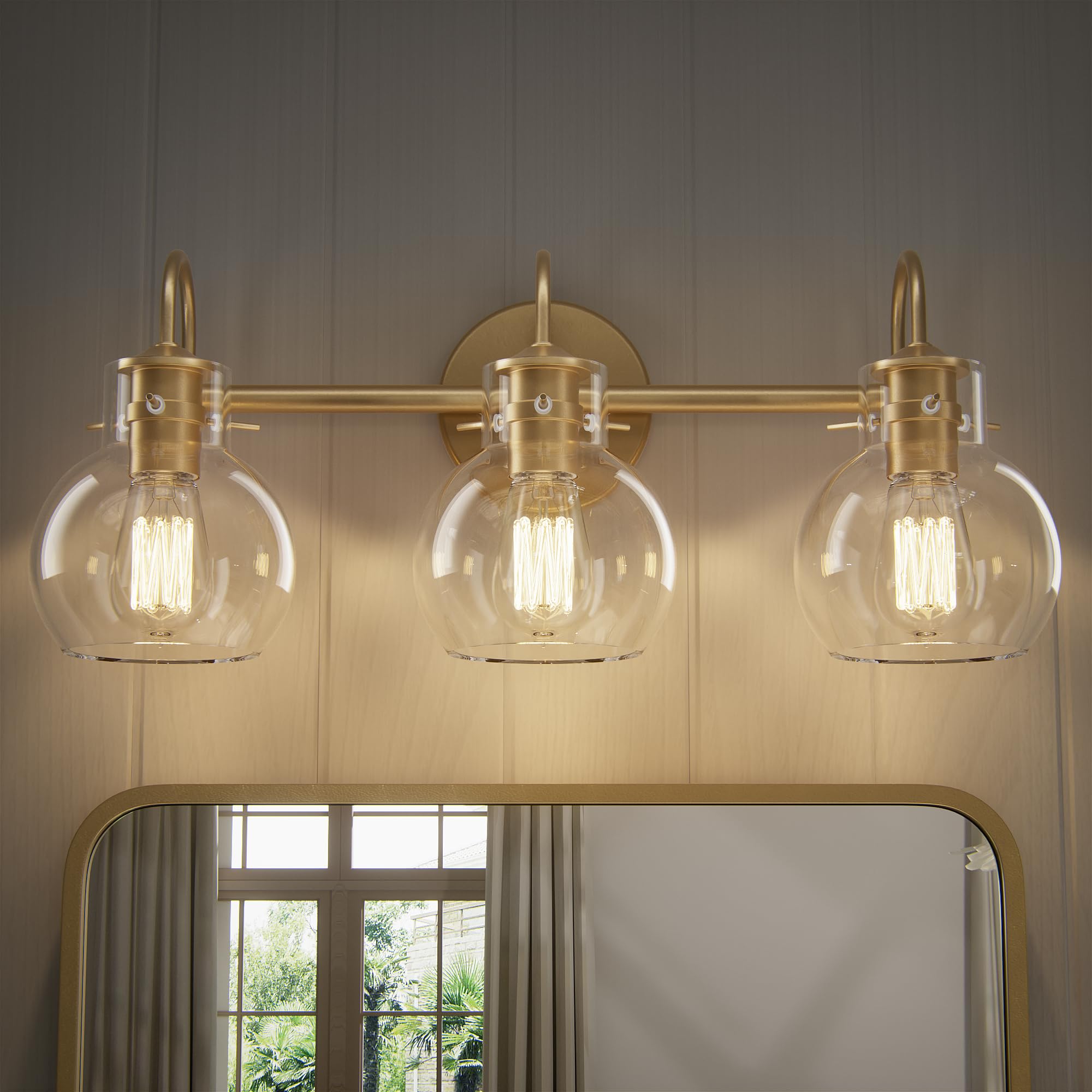 Modern Gold Vanity Light Fixture - 3 Light Bathroom Sconce with Clear Globe Glass Shade for Mirror Lighting, E26 Base - Perfect for Bathroom, Hallway & Dressing Room Makeup Vanity