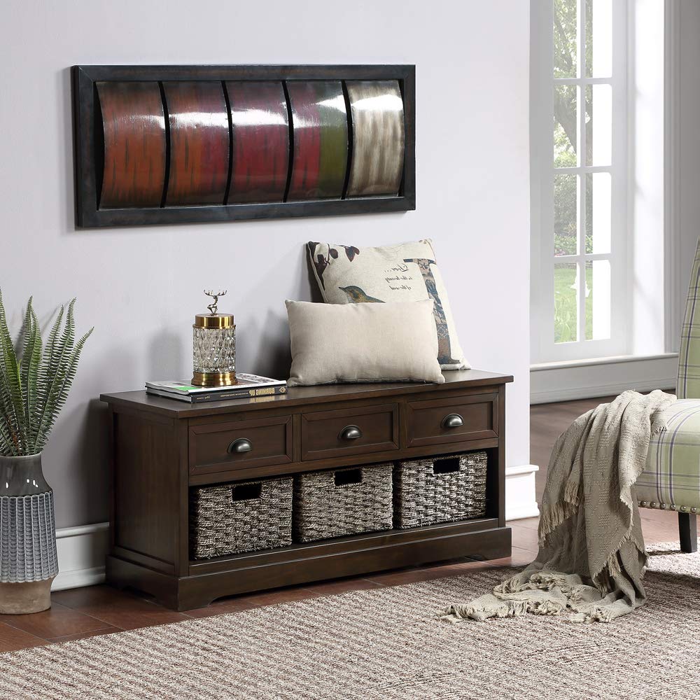 Teeker Homes Collection Wood Storage Bench with 3 Drawers & 3 Woven Baskets - Rustic Walnut Entryway Bench for Hallway, Living Room & Bedroom Organization