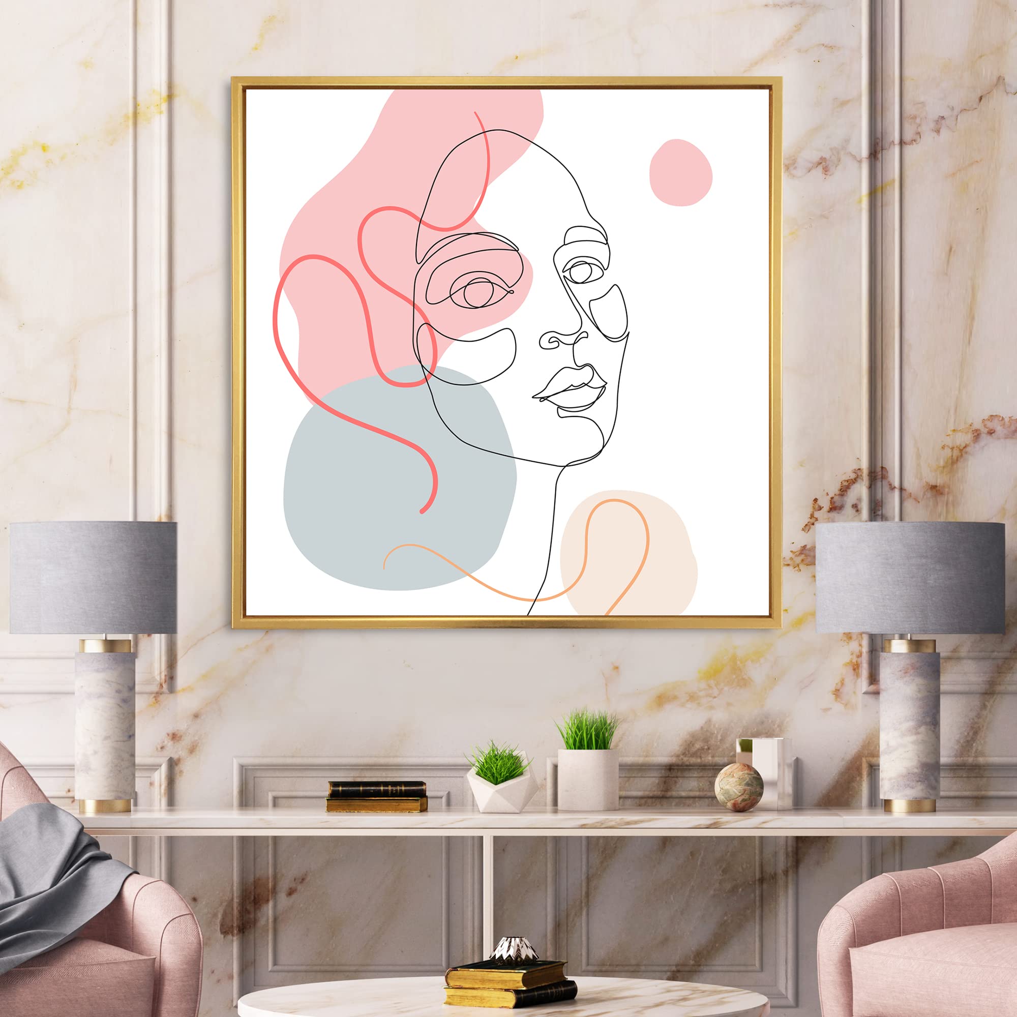 DesignQ Minimalist One Line Drawing of Young Woman in Pastel Tones - Modern Framed Canvas Wall Art Print for Living Room, Bedroom & Office Decor