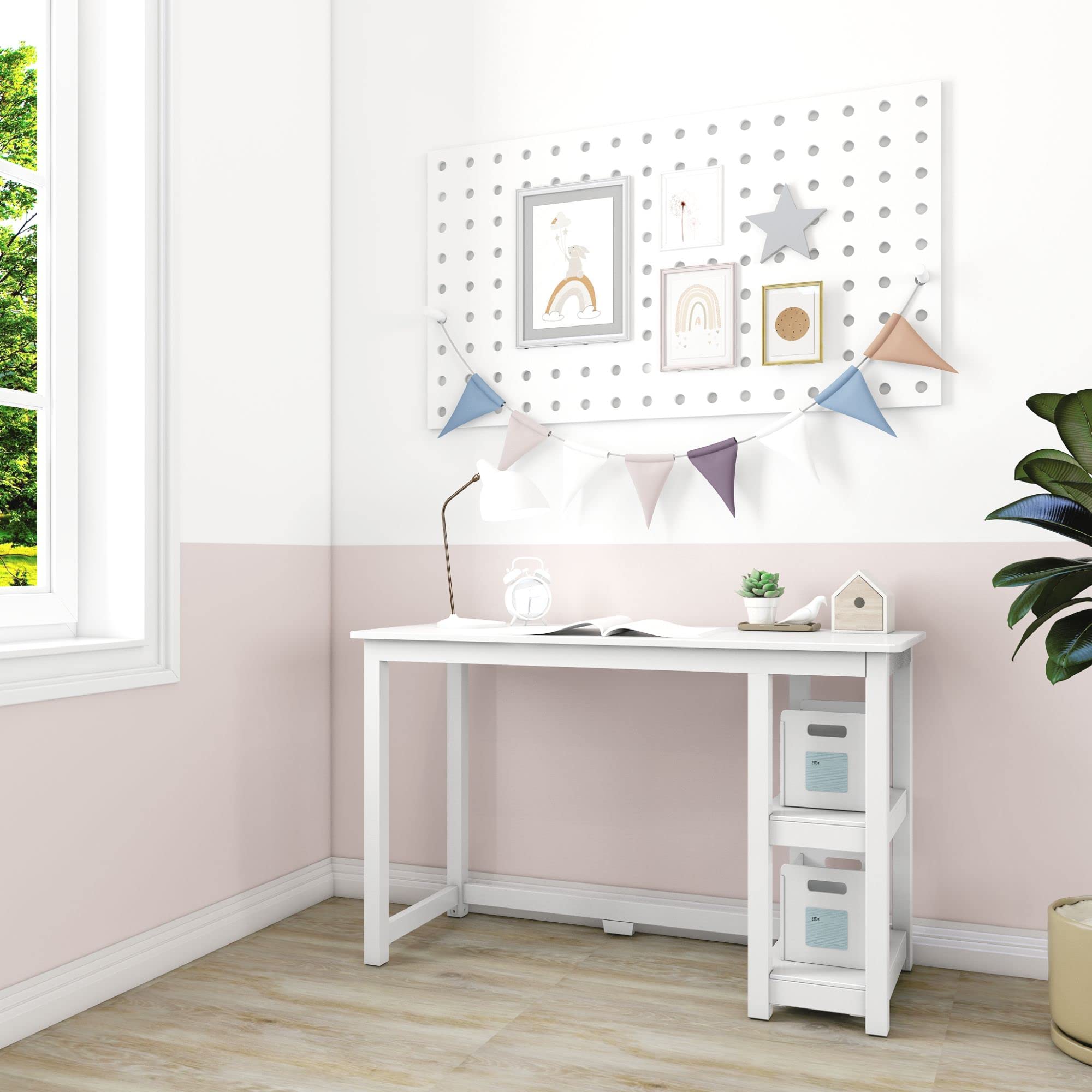 Max & Lily 47 Inch Solid Wood Study Desk with Storage Shelves - White - Perfect for Home Office, Kids Room, and Dormitory Organization