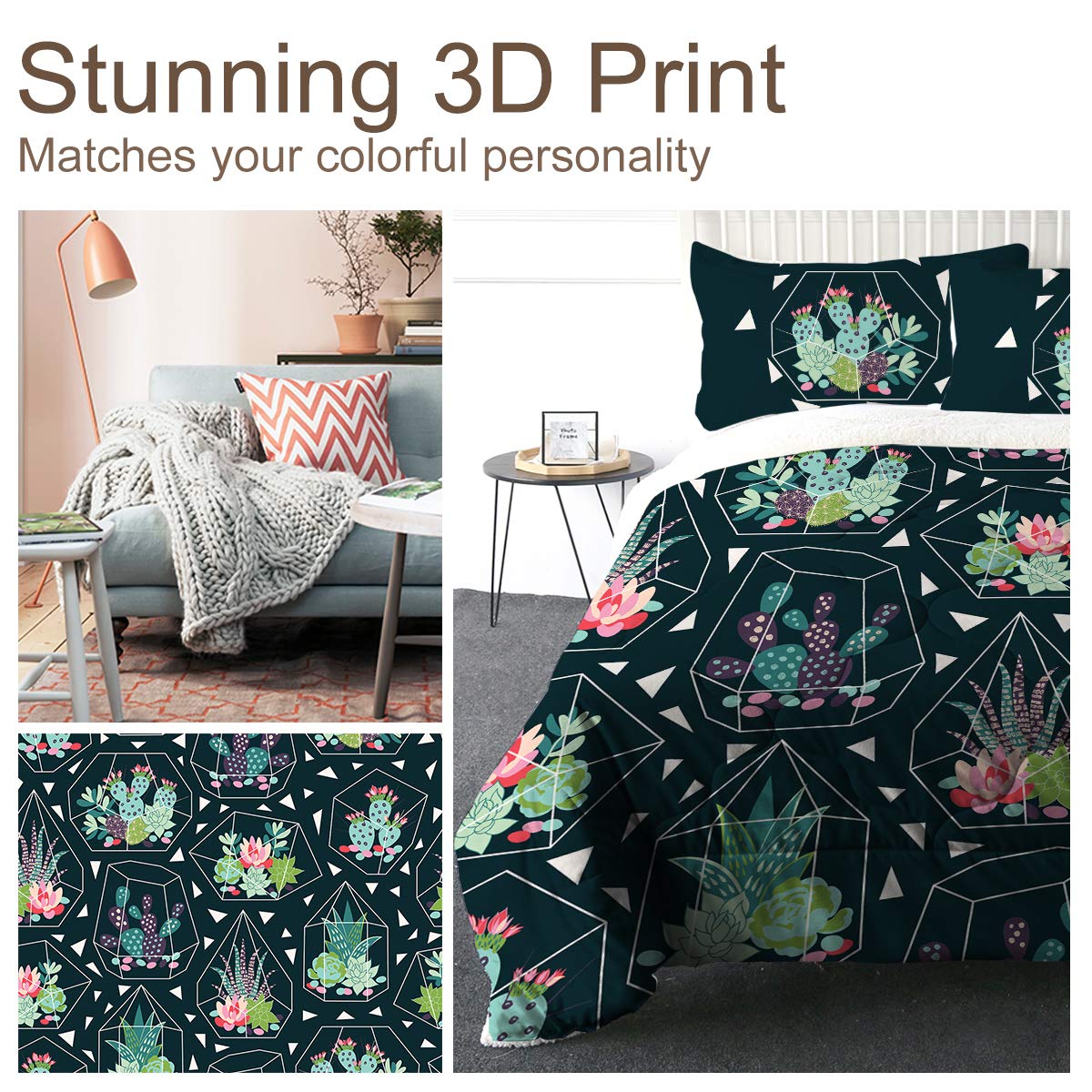 Micromink Sherpa Comforter Set - Queen Size Plush Geometric Succulents 3D Print Fuzzy Duvet Blanket with 2 Pillow Shams | Ultra-Soft Polyester Bedding for Cozy Winter Nights & Modern Bedroom Decor