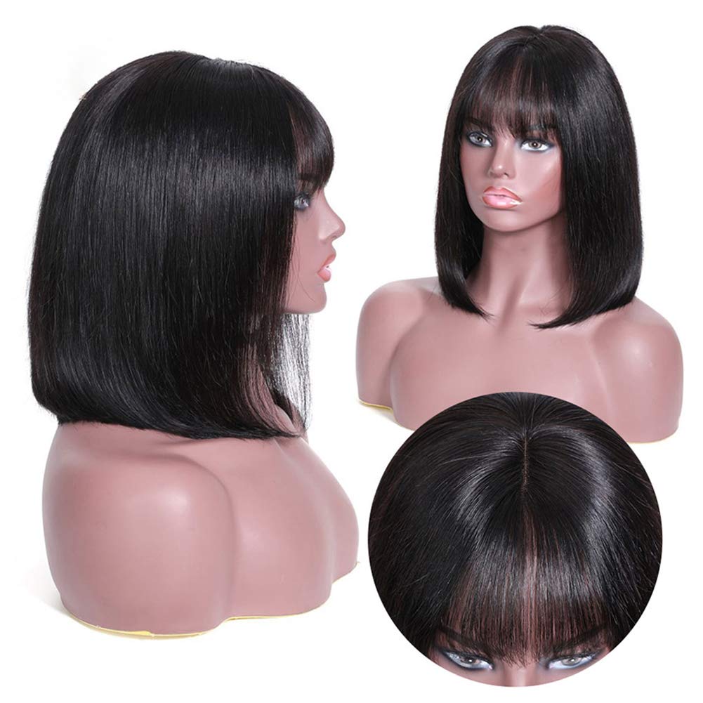 Royal Lady Brazilian Virgin Straight Short Bob Wigs with Bangs - 10 Inch Machine Made Human Hair Wigs for Women (Natural Color) | Perfect for Daily Wear, Cosplay & Fashion Styling