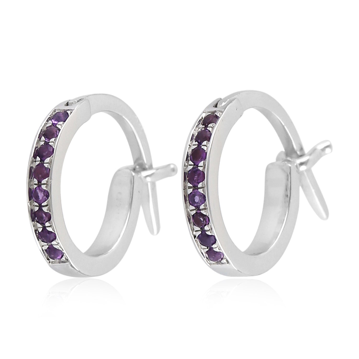 14K White Gold Pave Amethyst Huggie Earrings for Women - Dainty Gemstone Hoop Earrings for Everyday Wear & Special Occasions