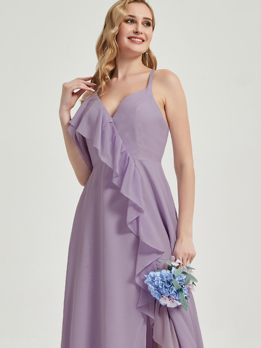 Elegant Dusty Purple Chiffon Bridesmaid Dress with Criss Cross Straps, Ruffles & High Slit - Perfect for Weddings, Parties & Formal Events