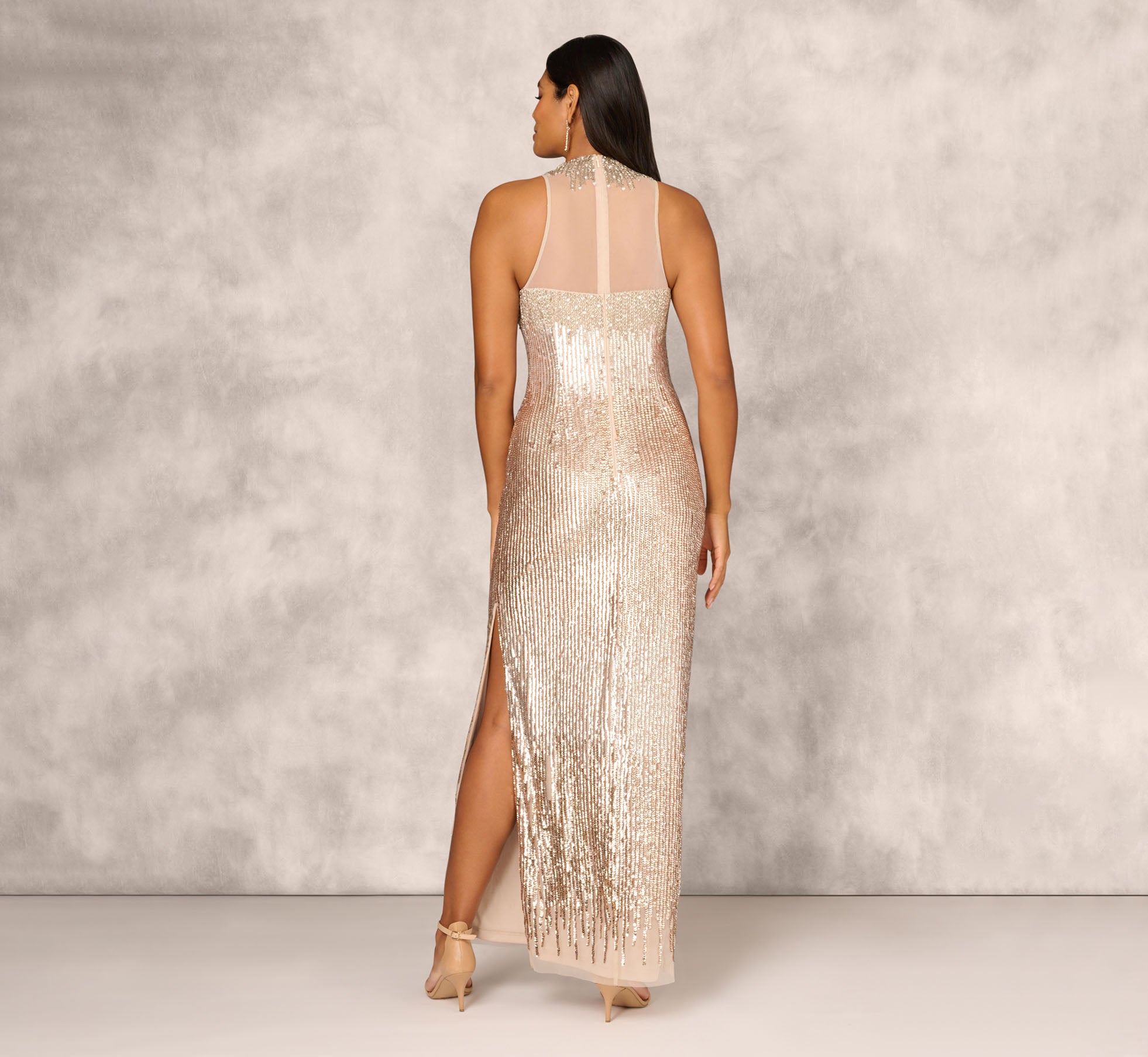 Champagne Sleeveless Beaded Column Gown with Illusion Neckline - Elegant Evening Dress for Prom, Wedding & Formal Events