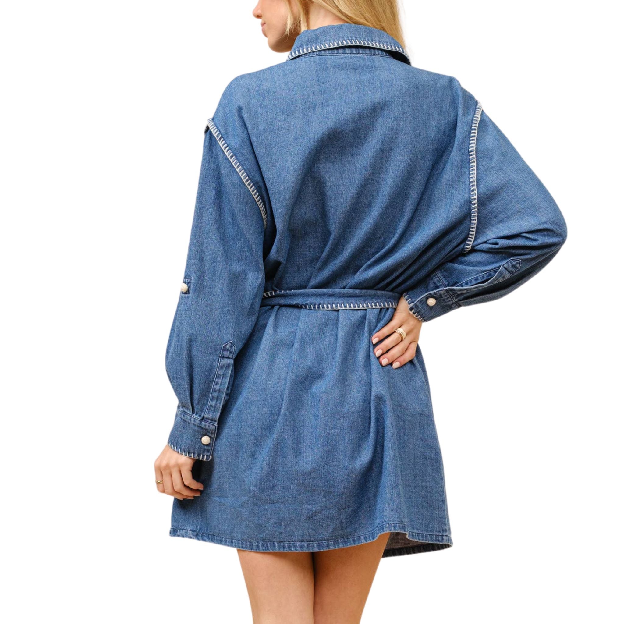 Blanket Stitch Button Up Denim Shirt Dress for Women - Casual & Stylish Outfit for Spring, Fall, and Layering
