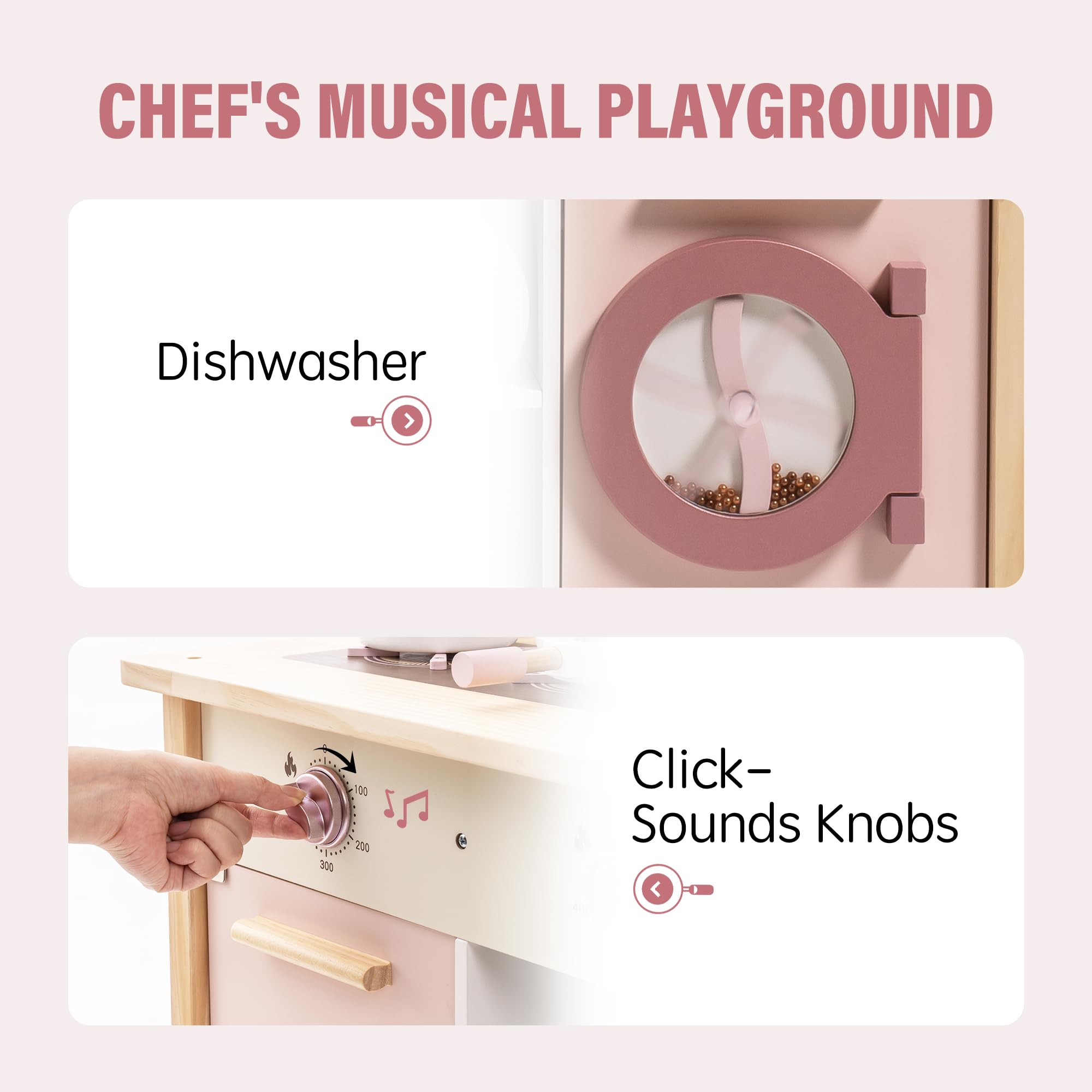 ROBUD Wooden Play Kitchen Set for Kids & Toddlers - Realistic Toy Kitchen with Accessories, Modern Design for Pretend Play - Perfect Gift for Boys & Girls Ages 3+ (Pink) | Great for Birthday, Christmas & Indoor Pretend Play Activities
