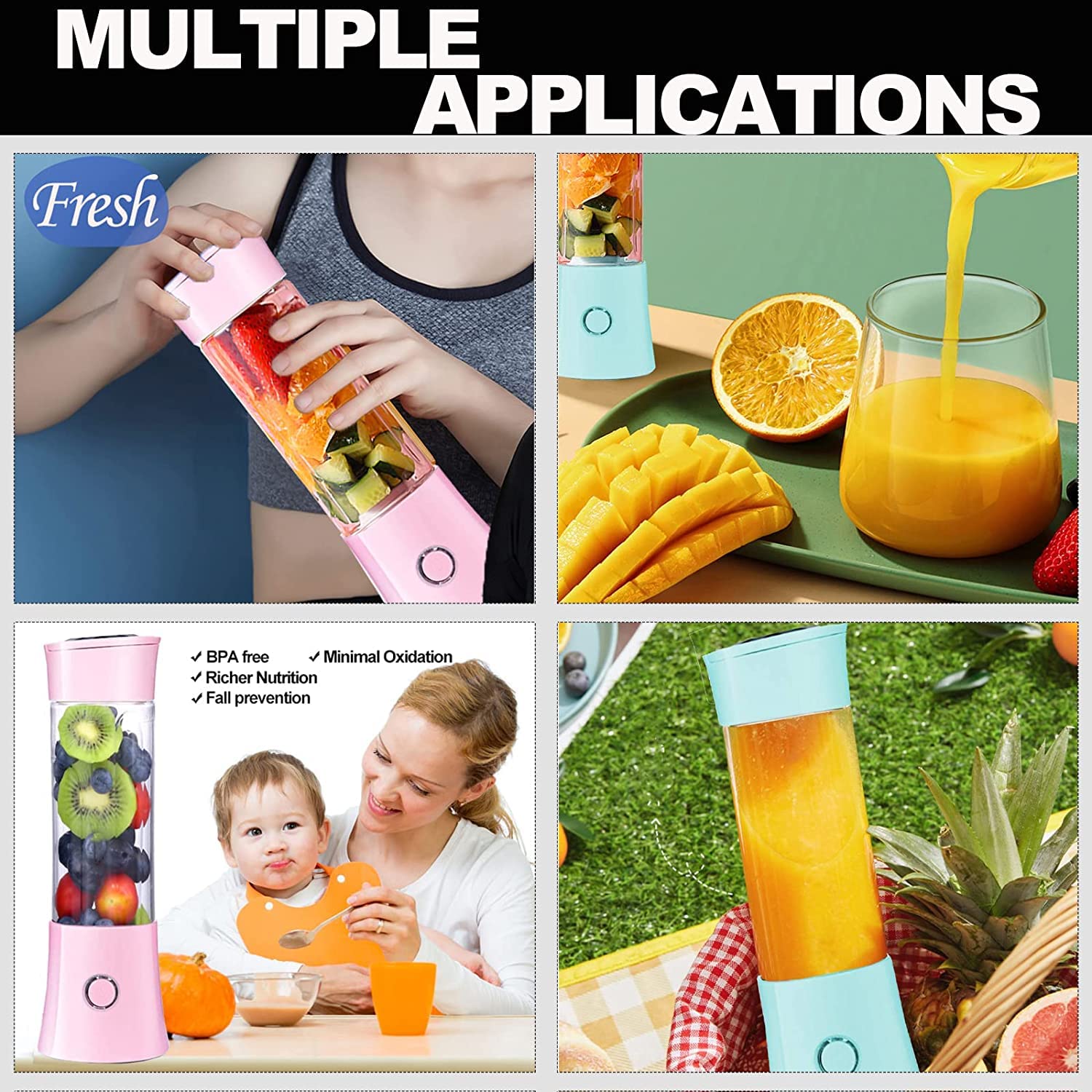 Portable USB Blender 480ml - 100W Mini Smoothie Maker for Juice, Milk Shake & Vegetables - BPA-Free Personal Blender - Perfect Gift for Family, Travel, Gym & Office Use