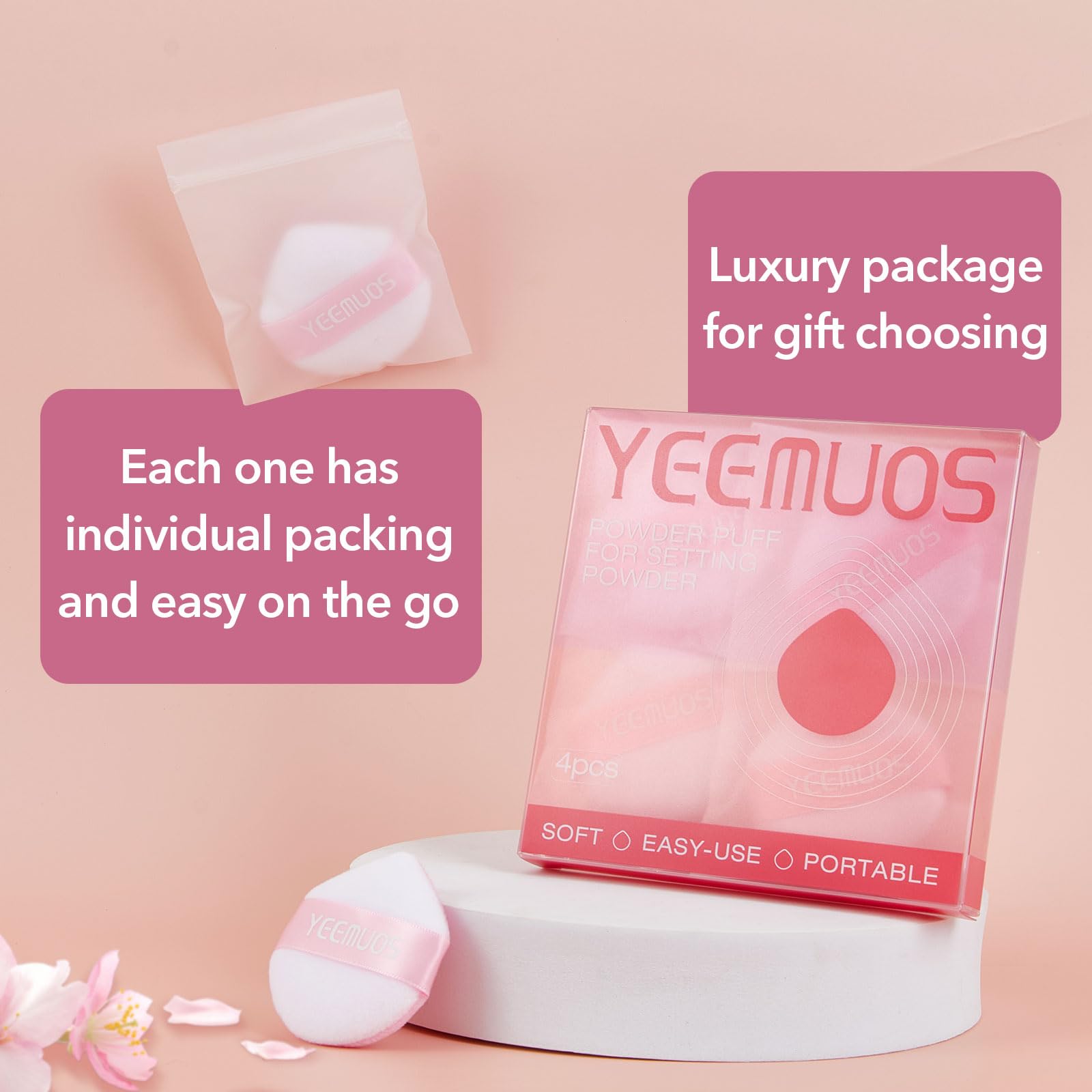 4 Pack Velvet Powder Puffs - Soft Makeup Sponge for Loose & Pressed Powder - Face & Body Beauty Blender - Hypoallergenic Cosmetic Applicators (Pink) | Perfect for On-the-Go Touchups, Professional Makeup Application & Travel Essentials