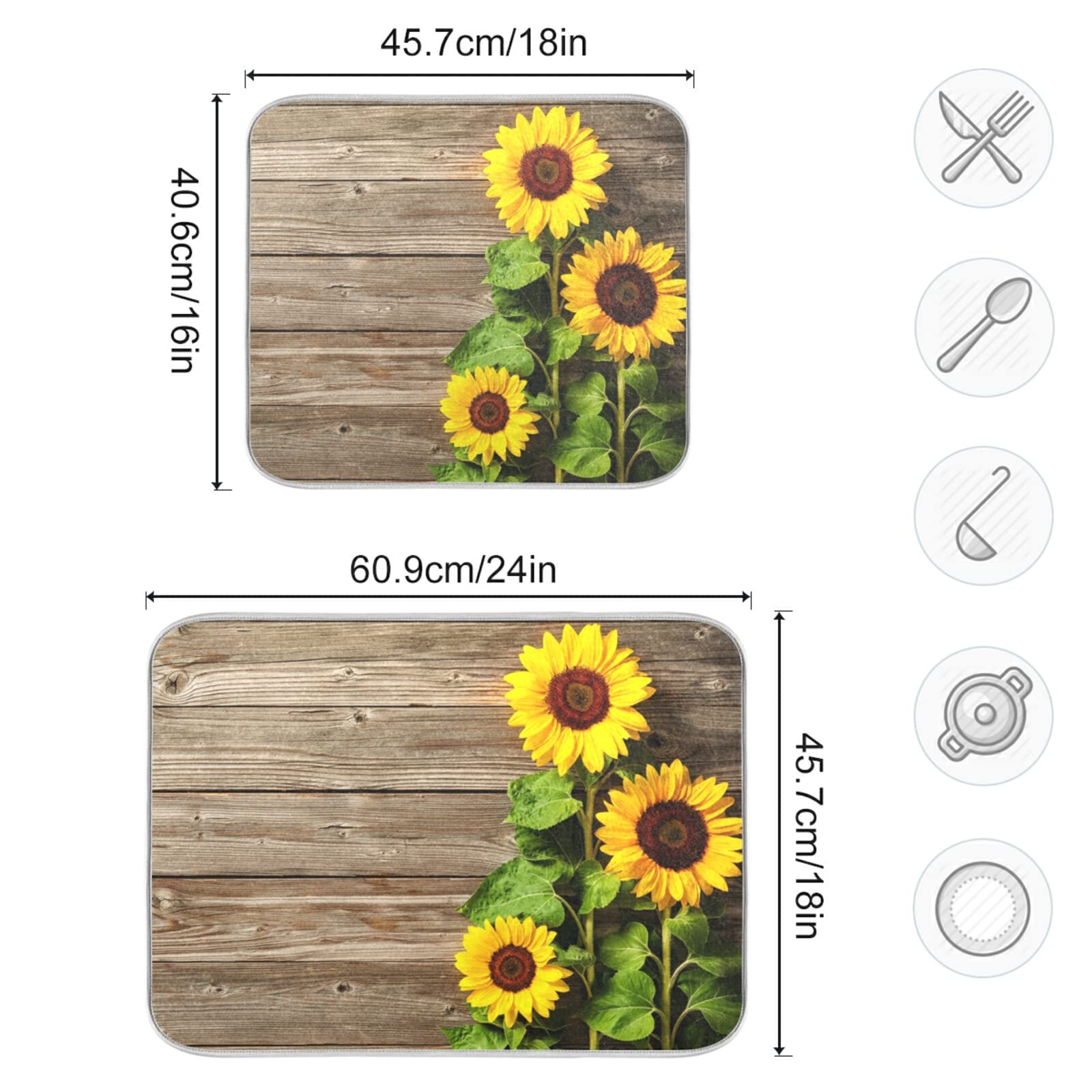 Sunflower Wood Print Coffee Bar Mat - 16x18 Inch Absorbent Dish Drying Pad for Coffee Maker, Espresso Machine & Dish Rack - Perfect for Home Kitchen Countertop & Coffee Station Accessories