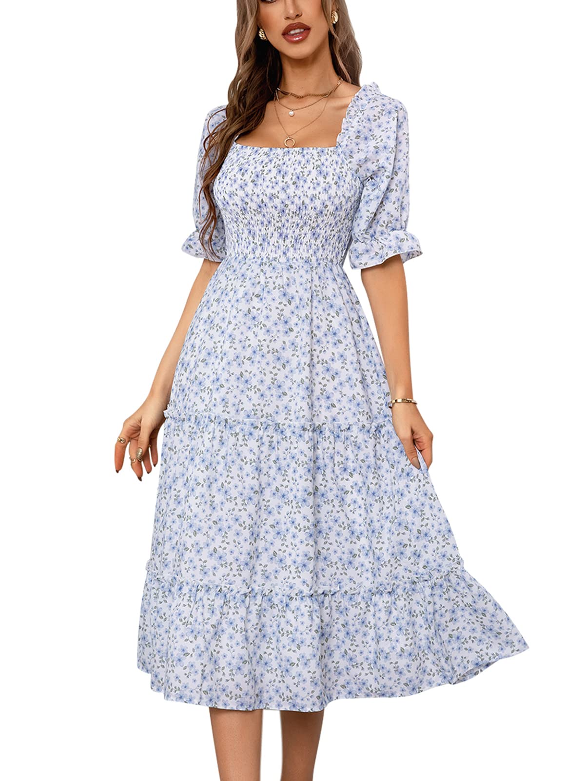 TEMOFON Women's Floral Print Square Neck Short Sleeve Midi Dress - Casual Flowy Summer Dress for Beach, Party & Daily Wear (Sizes S-XL)