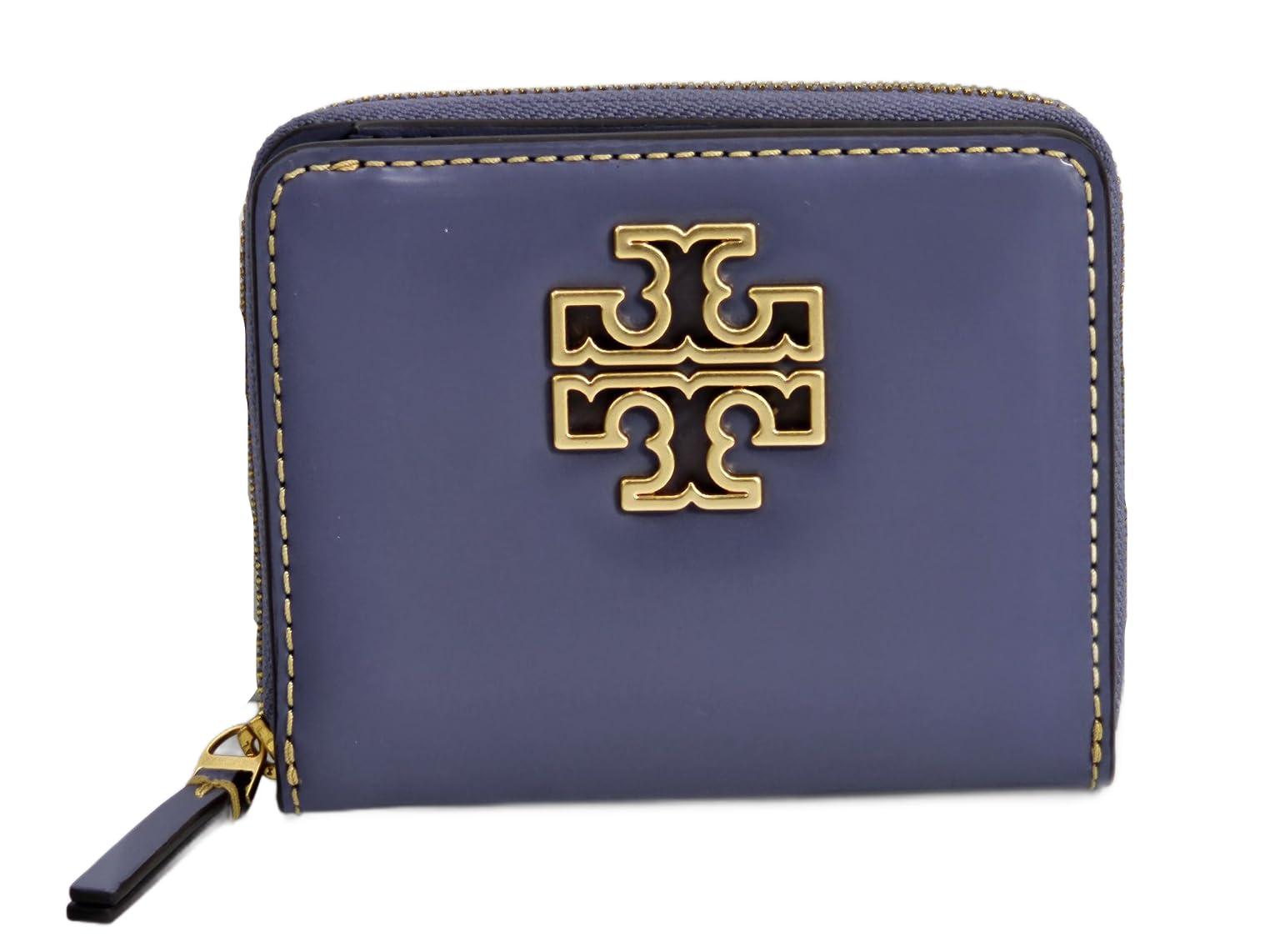 Tory Burch Britten Blue & Gold Leather Women's Bifold Wallet - Slim RFID Blocking Credit Card Holder for Everyday Use & Travel