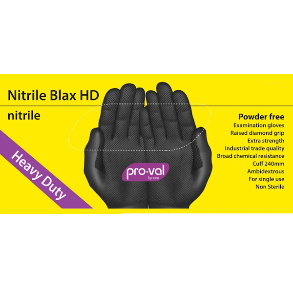ProVal Premium Heavy Duty Black Nitrile Gloves - Chemical Resistant, Powder-Free, Disposable Gloves for Medical, Laboratory, Cleaning & Industrial Use