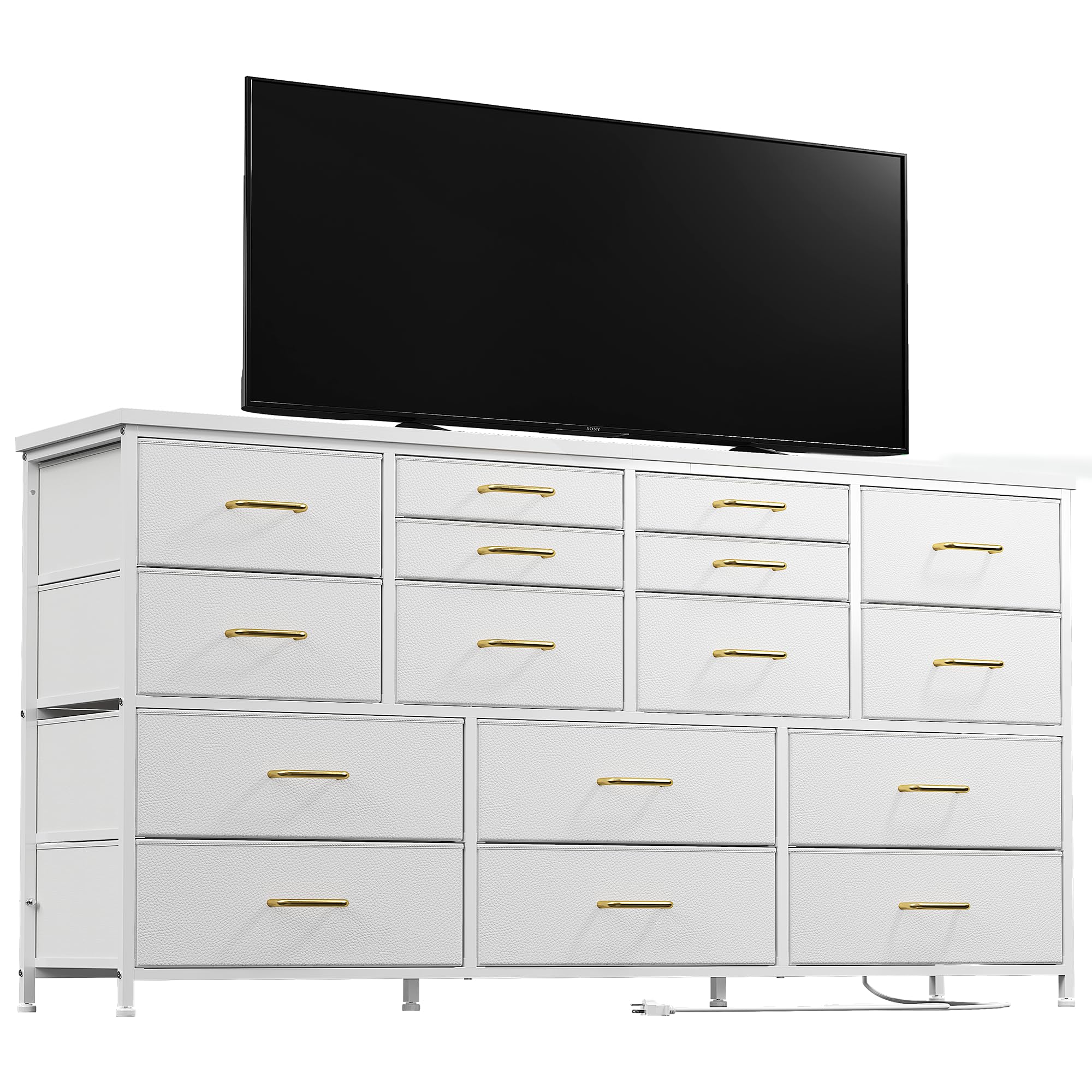 Modern White Dresser TV Stand with Power Outlets for 60