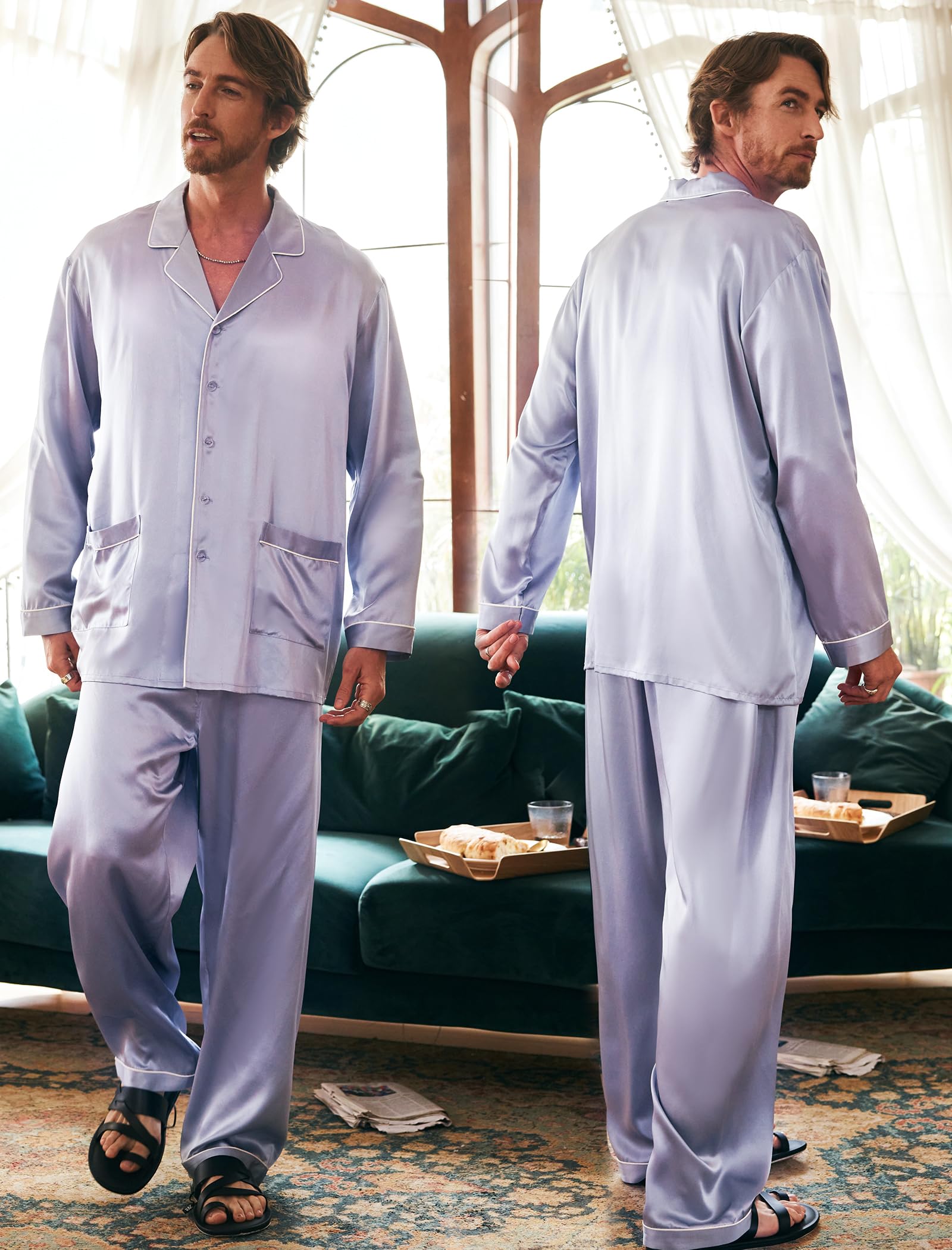 Luxury Men's Silk Pajamas Set - 2PC Long Sleeve Button-Down Sleepwear for Men | Soft & Breathable Silk PJs for Lounge, Sleep & Relaxation at Home