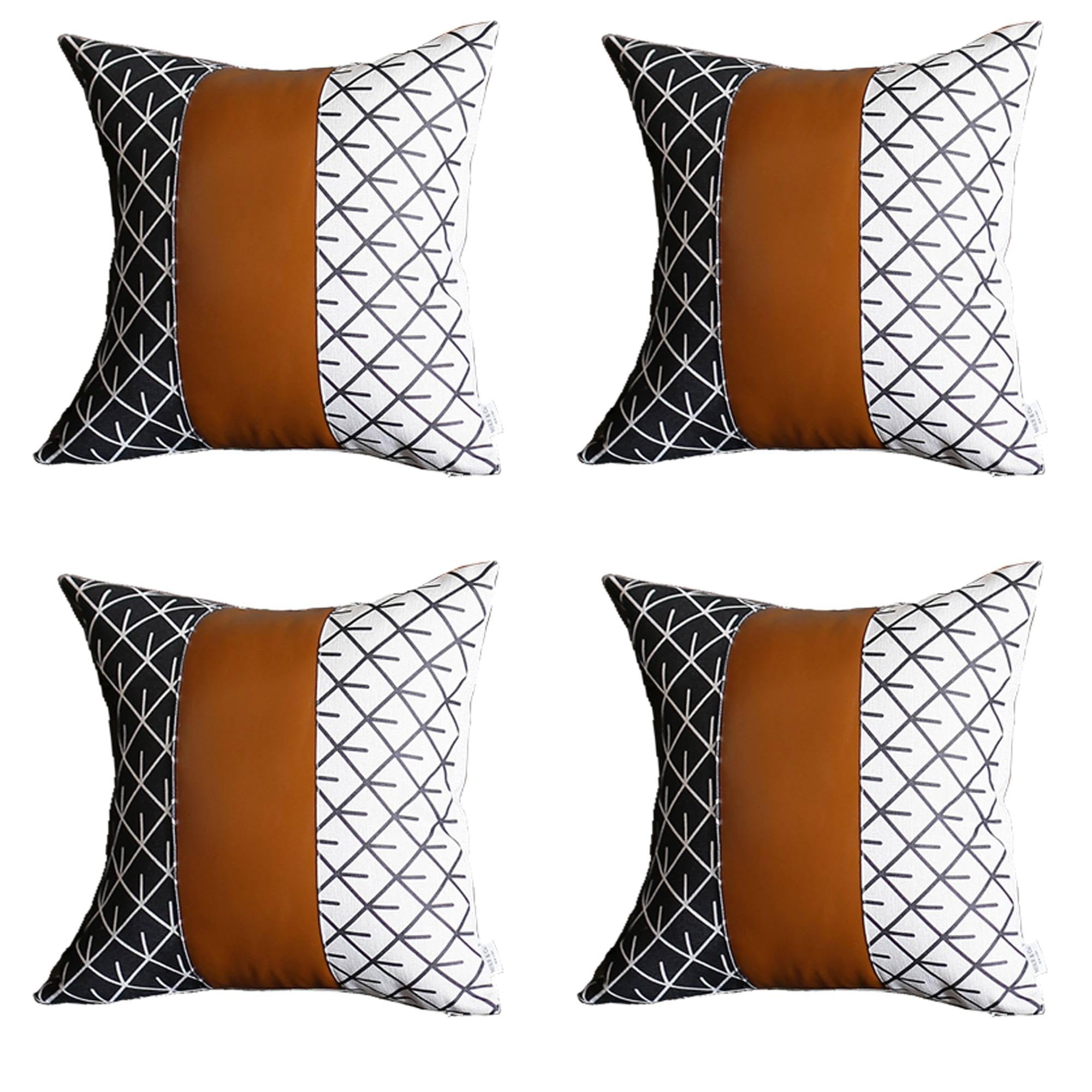 Apolena Boho Set of 4 Decorative Throw Pillow Covers - 17x17 Inch Vegan Faux Leather Square Pillow Cases in Brown & Ivory Geometric Pattern - Perfect for Sofa, Couch, Bed, Living Room & Home Decor