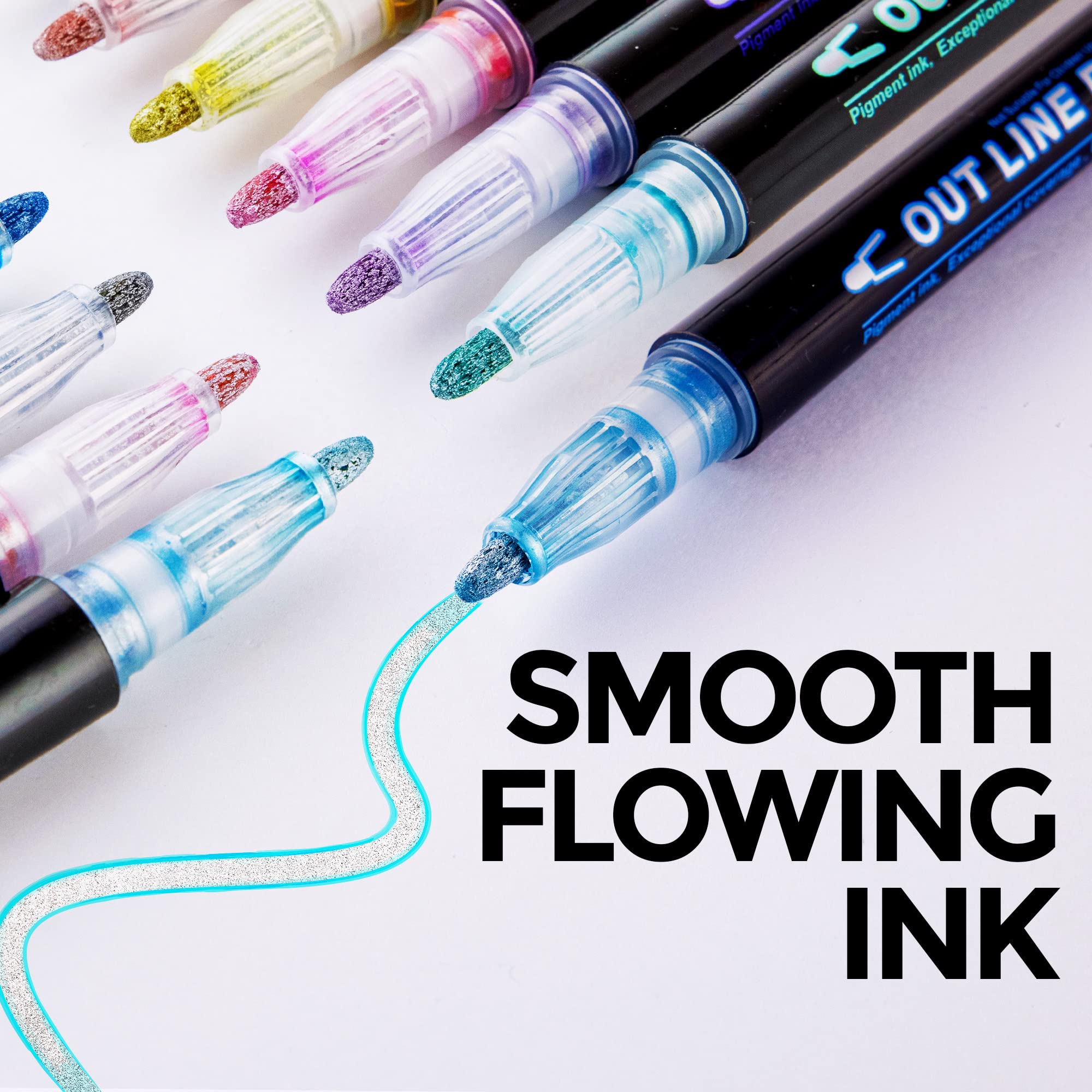 Double Line Outline Markers Set of 12 - Dual Tip Metallic Glitter Pens for Card Making, Scrapbooking, DIY Art Projects, Sketching & Doodle Drawing - Perfect for Gift Wrapping, Journaling, Bullet Notes & Creative Crafting