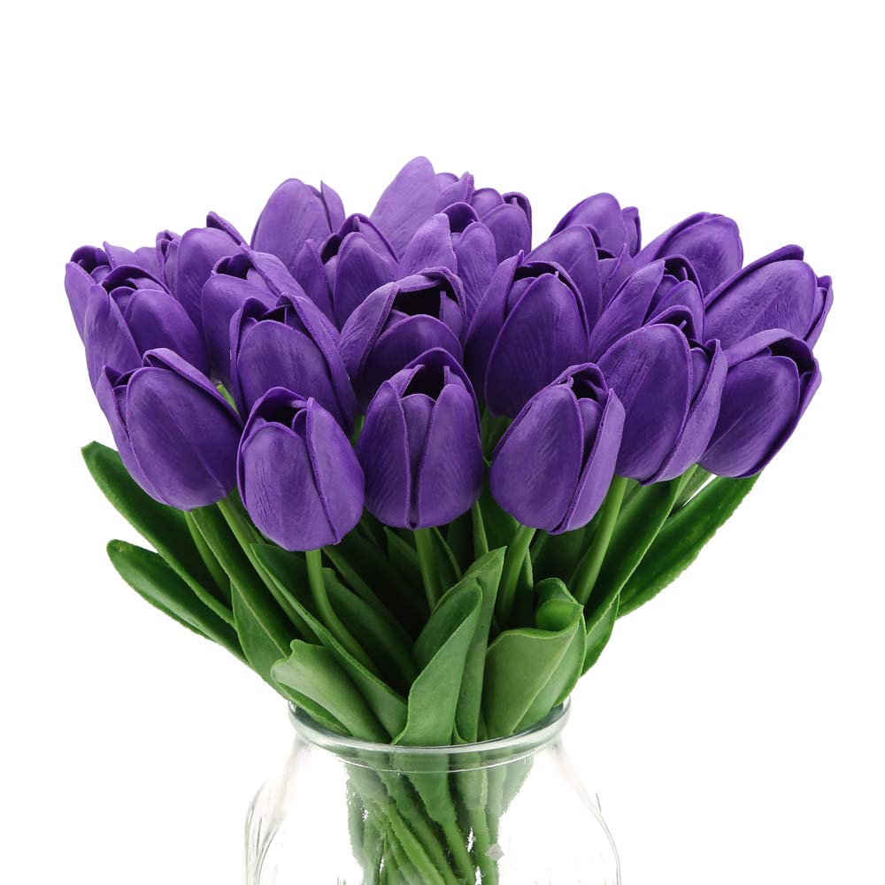 IPOPU 24PCS Real Touch Artificial Tulip Flowers - Lifelike Purple Faux Tulips for Home Decor, Wedding Centerpieces, Baby Shower Arrangements & Table Decoration | Perfect for Living Room, Dining Table, Office Desk and Special Events
