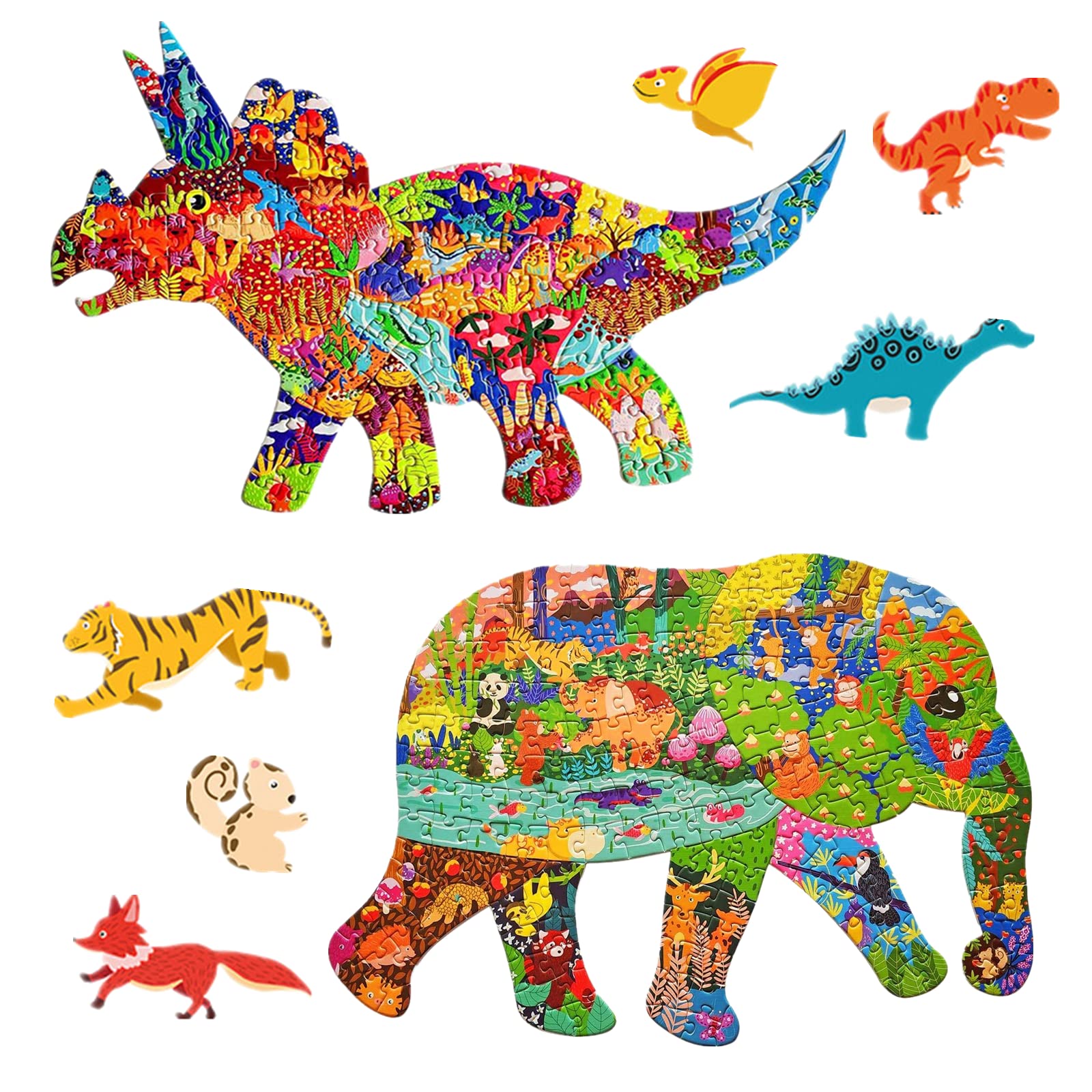 Dinosaur & Elephant Jigsaw Puzzles for Kids 4-10 - Educational Learning Toys for Christmas & Birthday Gifts