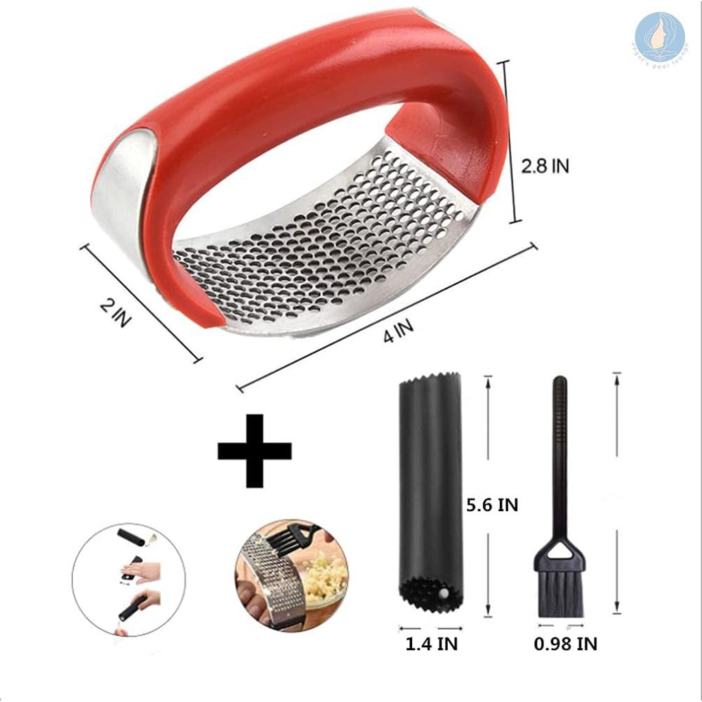 3-Piece Stainless Steel Garlic Press Set with Peeler & Brush - Kitchen Gadget for Cooking & Baking