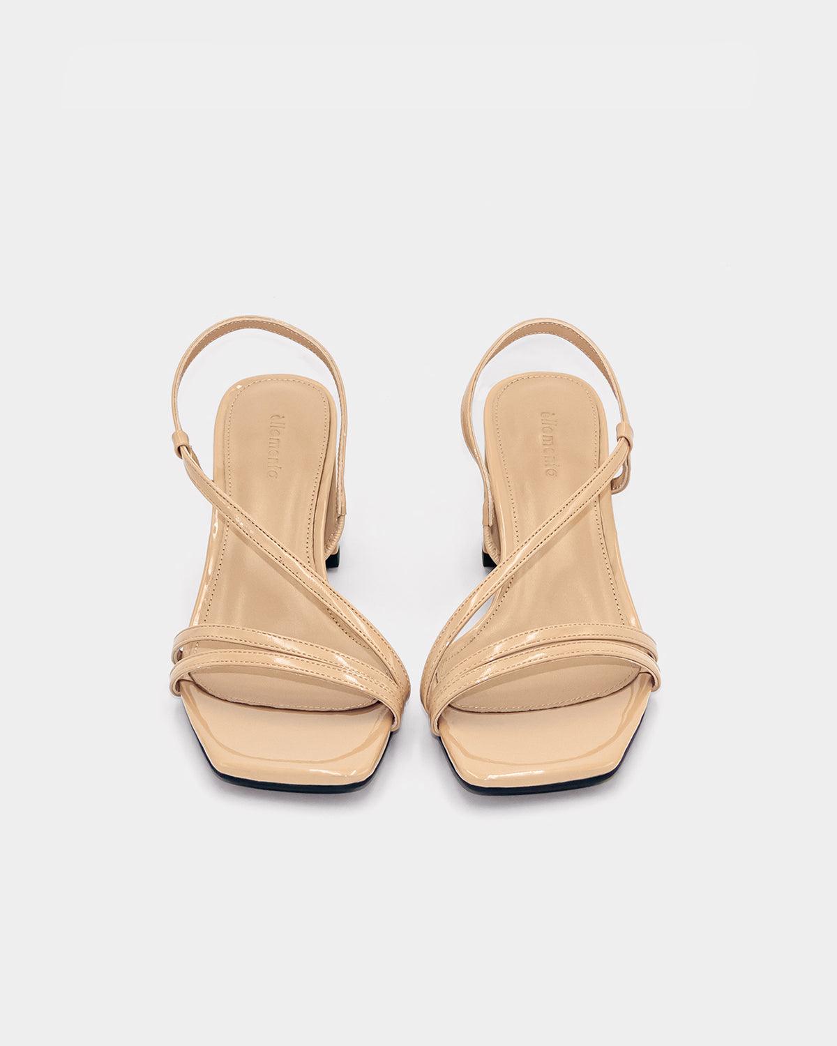 Beige Patent Leather Strap Sandals with Block Heel | Women's Comfortable Dressy Summer Shoes for Weddings, Parties & Office Wear