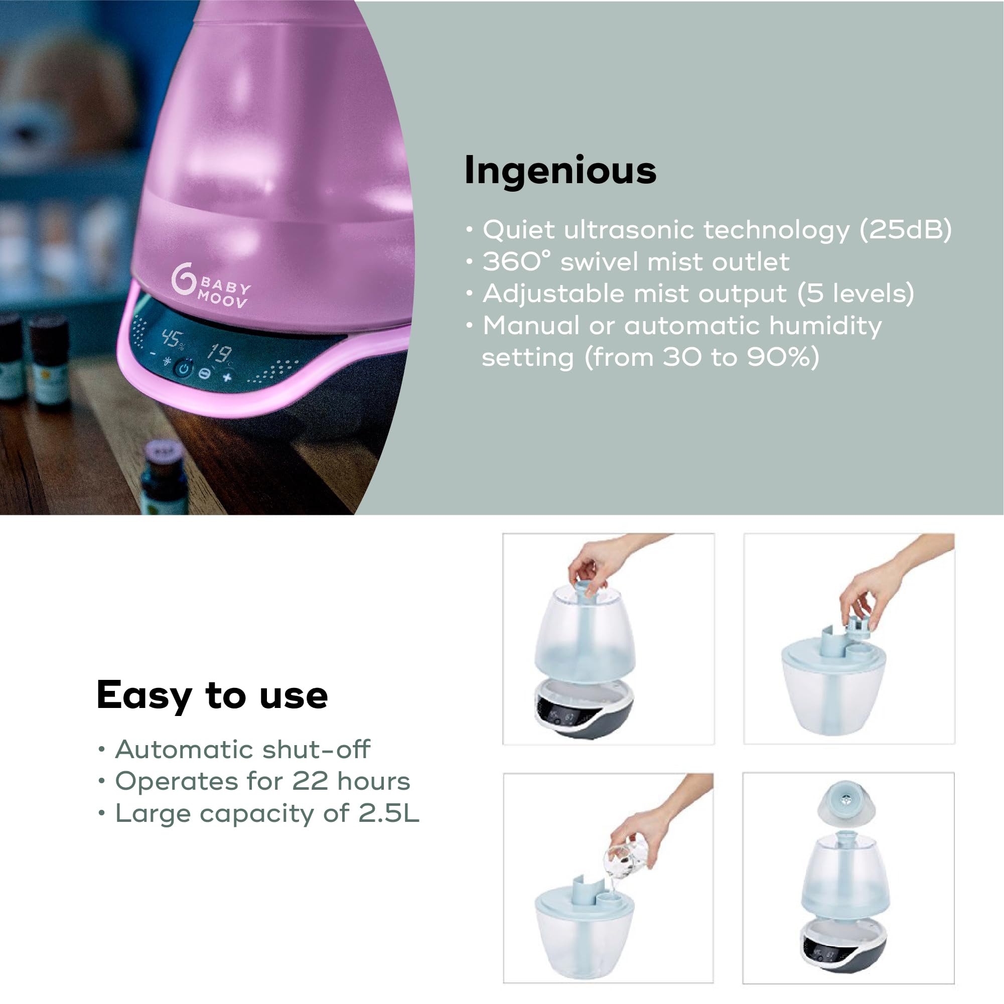 Babymoov Hygro Plus 3-in-1 Humidifier with Night Light & Essential Oil Diffuser - Auto Shutoff for Nursery, Bedroom & Office | Quiet Ultrasonic Cool Mist for Babies & Adults