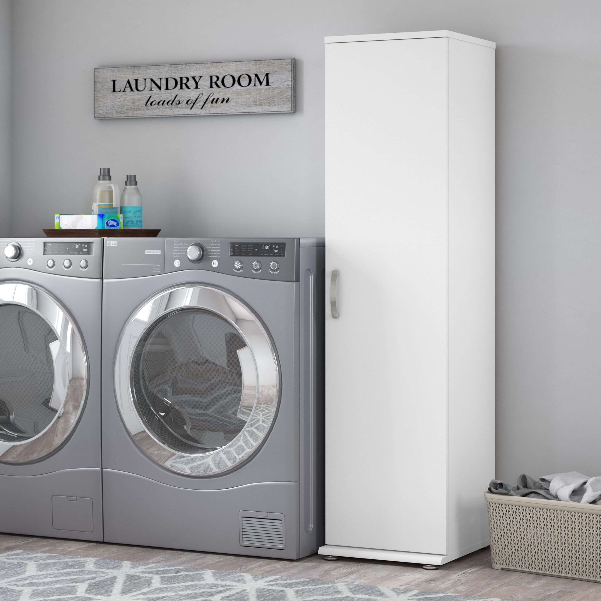Bush Business Furniture Universal Narrow Linen Tower with Door and Shelves - White Storage Cabinet for Office, Home, or Closet Organization
