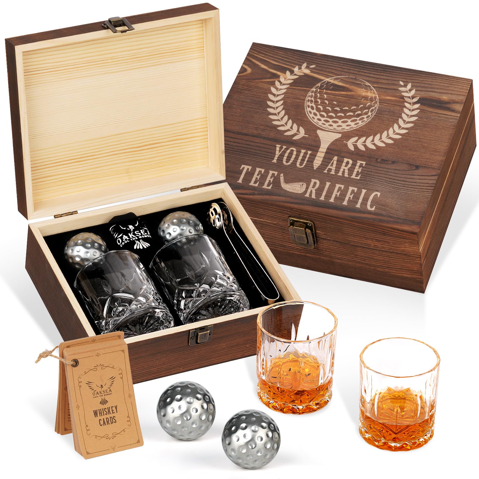 Whiskey Stones Gift Set for Men - Golf Ball Shaped Stainless Steel for Bourbon & Scotch