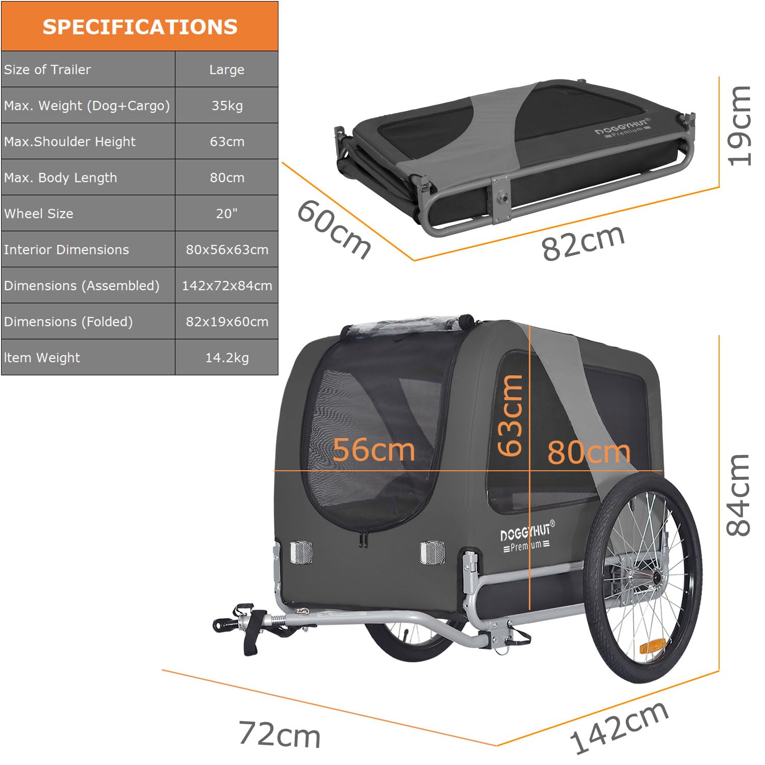 DOGGYHUT® Premium Large Dog Bike Trailer for Medium to Large Dogs - Heavy Duty 78 lbs Capacity Pet Bicycle Carrier with Low Center Gravity & Easy Fold Frame - Perfect for Cycling Adventures, Park Trips and Outdoor Exercise with Your Dog