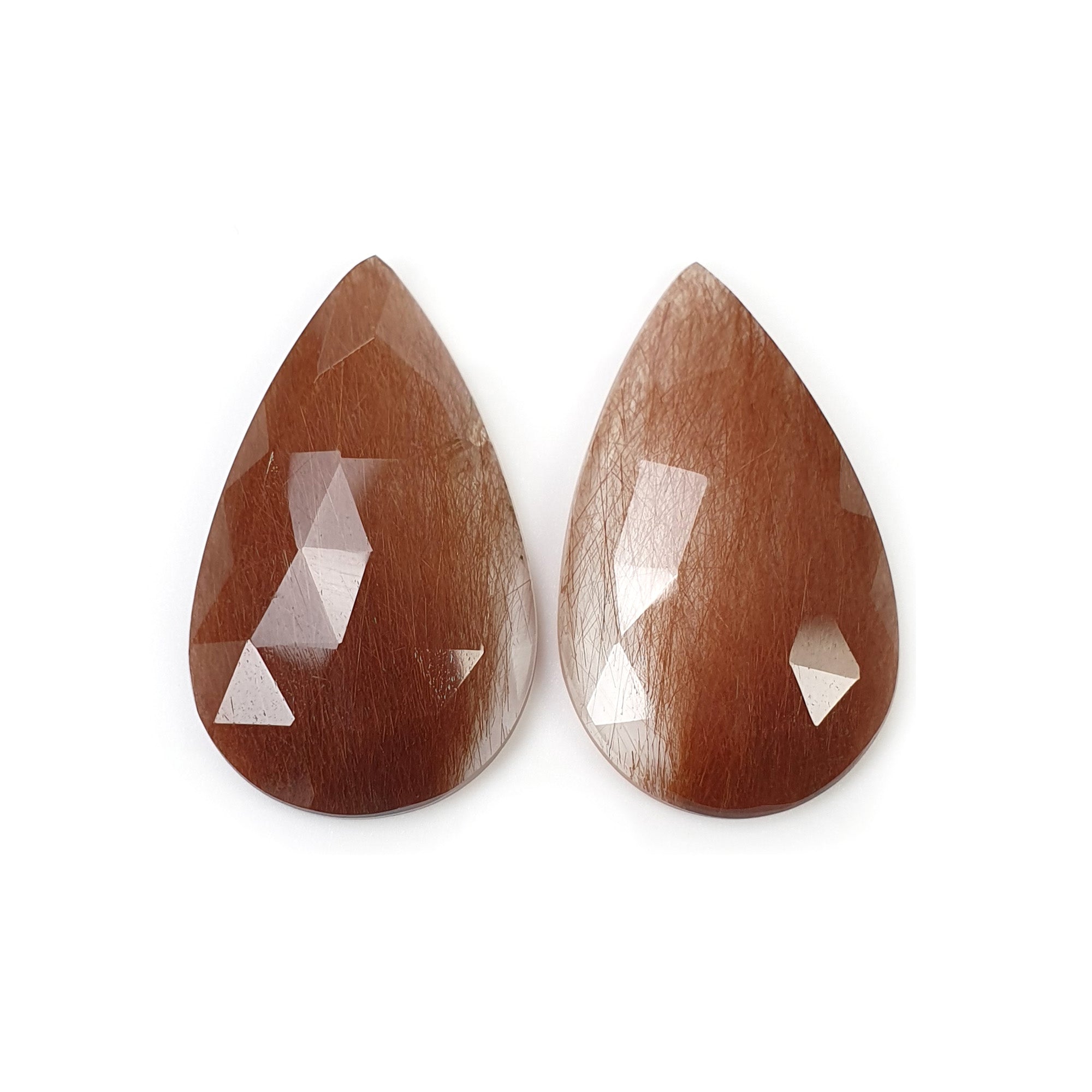 Natural Brown Rutile Quartz Gemstone Rose Cut - 33.00cts Untreated Pear Shape 30x18mm Pair | Healing Crystal, Jewelry Making, Meditation Stone (With Video)