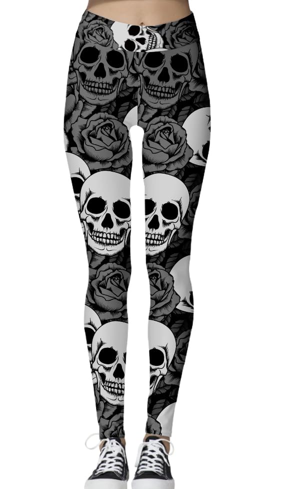 Sugar Skull Leggings for Women - Halloween & Christmas Themed Soft Brushed High Waisted Yoga Pants - Perfect for Costume Parties, Festive Celebrations and Everyday Comfort Wear